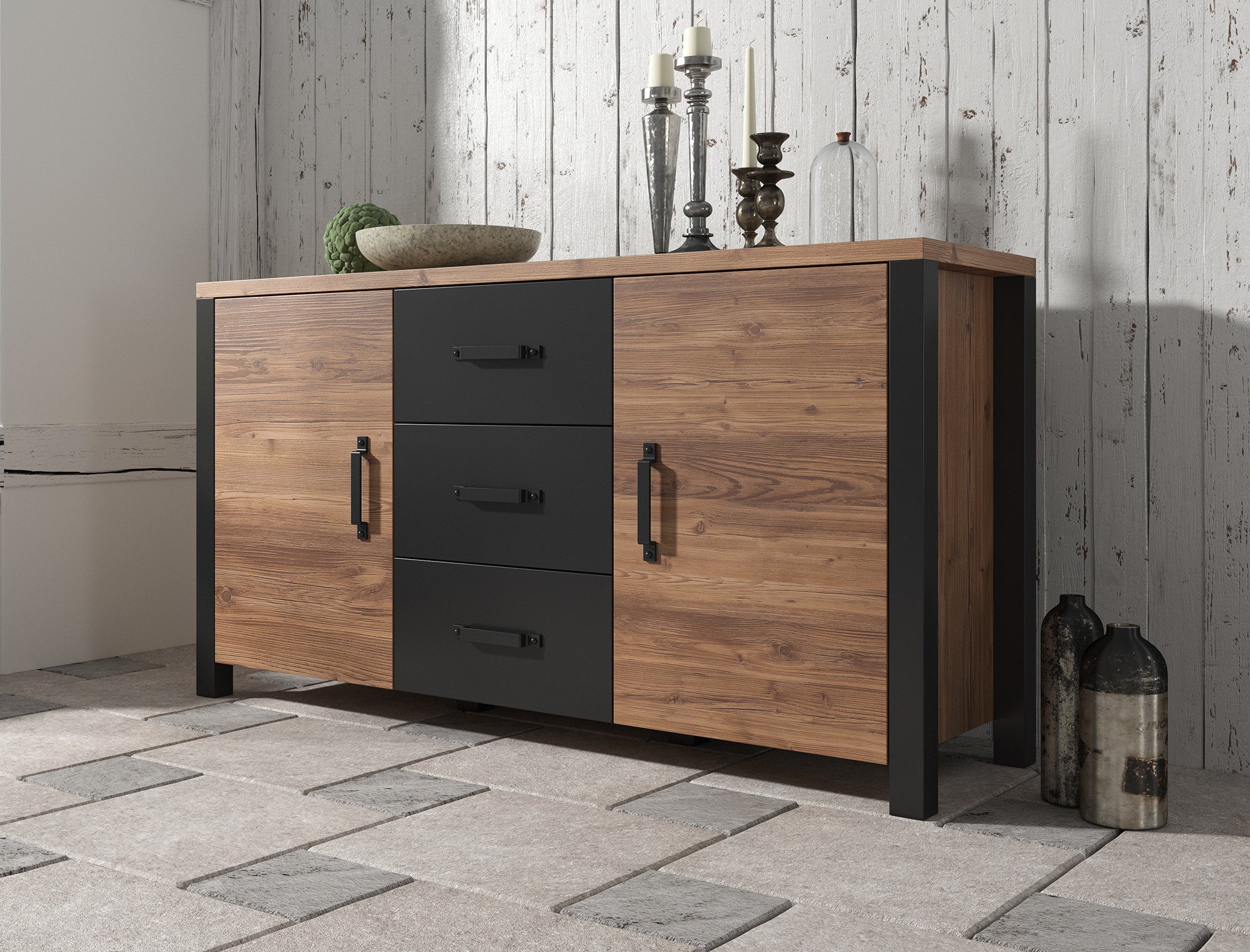 Olivia - Dressoir - Zwart/eiken - 147x43x79 cm