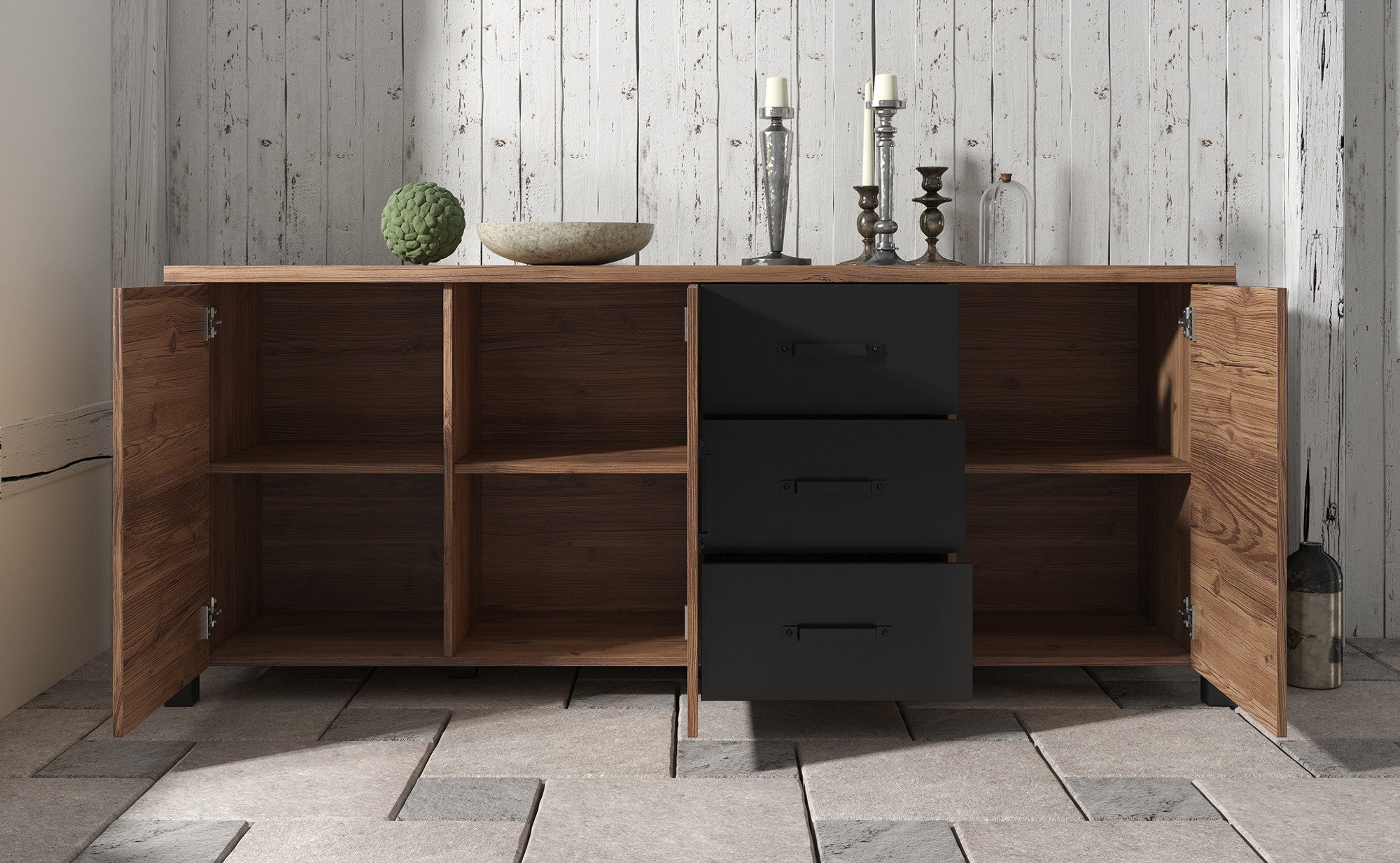Olivia - Dressoir - Zwart/eiken - 192x43x79 cm