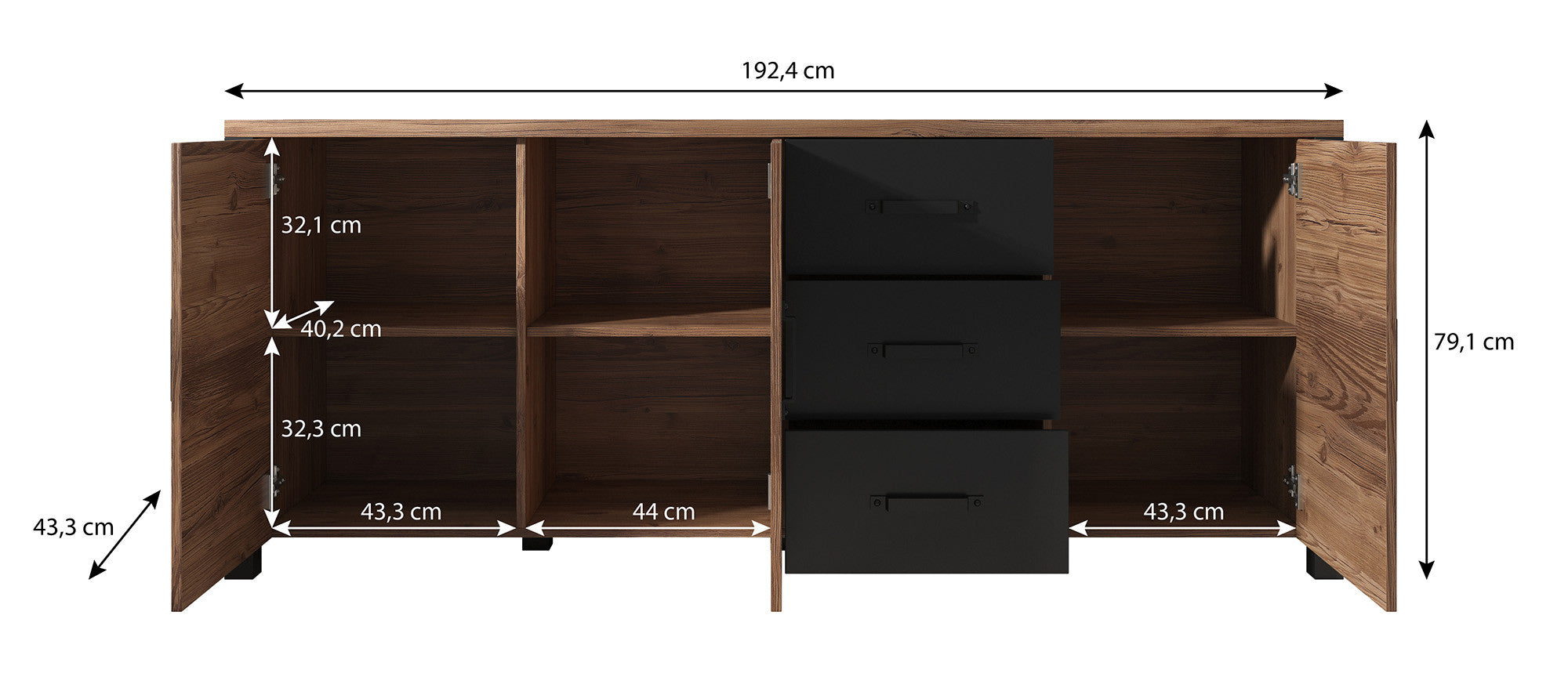 Olivia - Dressoir - Zwart/eiken - 192x43x79 cm