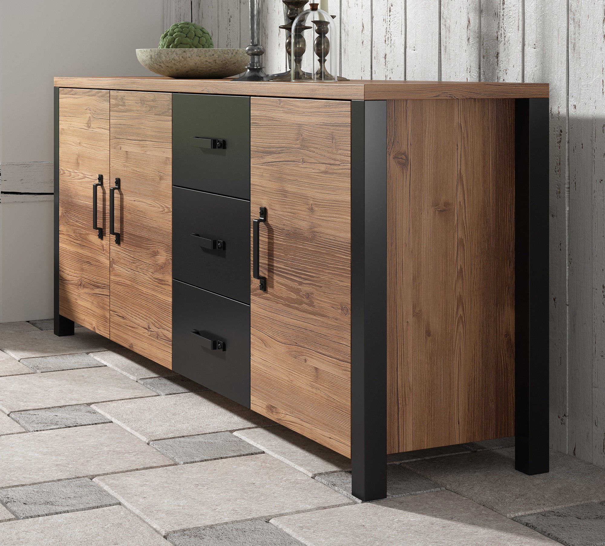 Olivia - Dressoir - Zwart/eiken - 192x43x79 cm