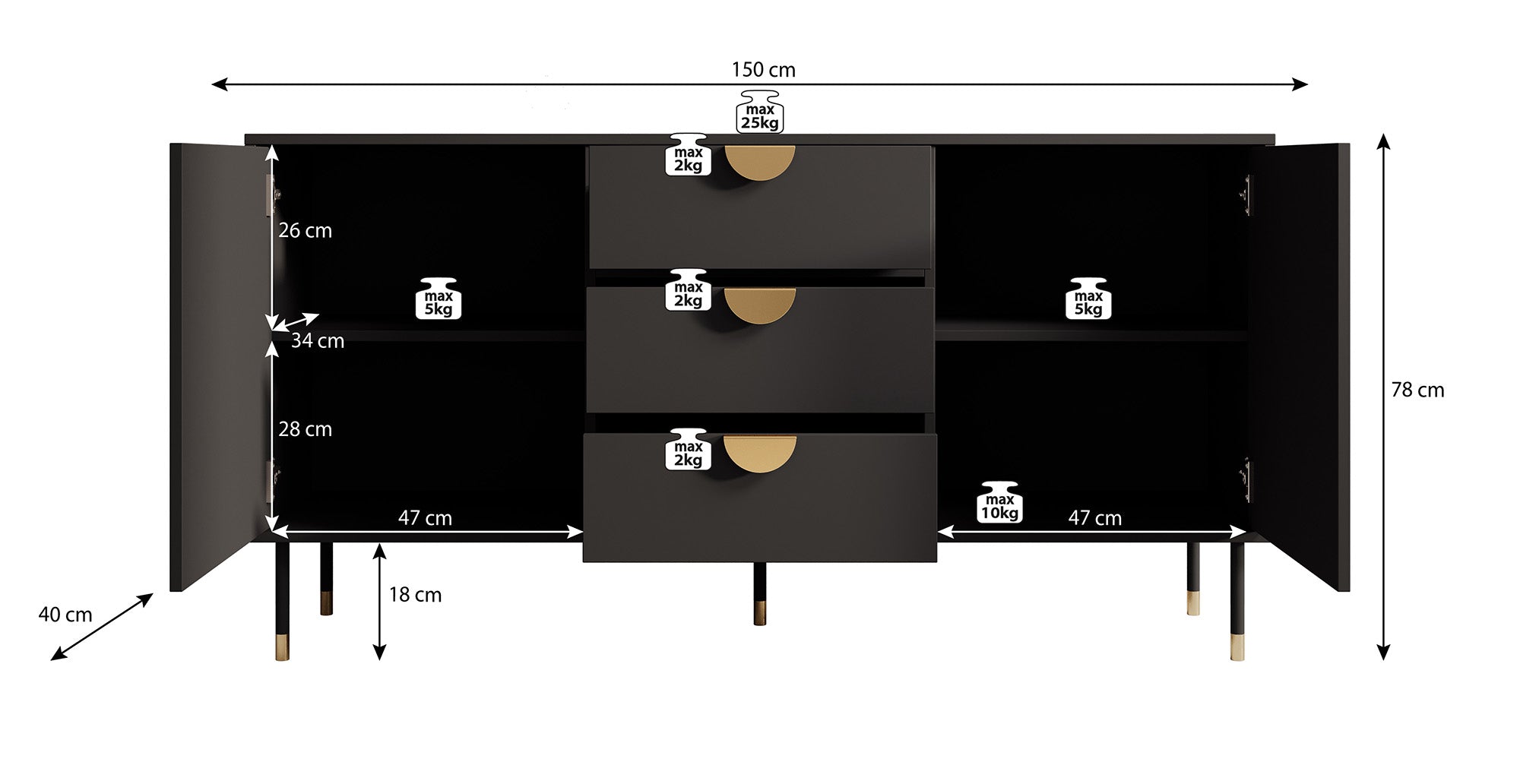 Veerle - Dressoir - Zwart - 150x40x78 cm