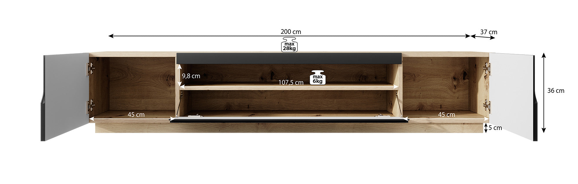 Dylan - TV-Meubel - Mat zwart/eiken - 200 cm