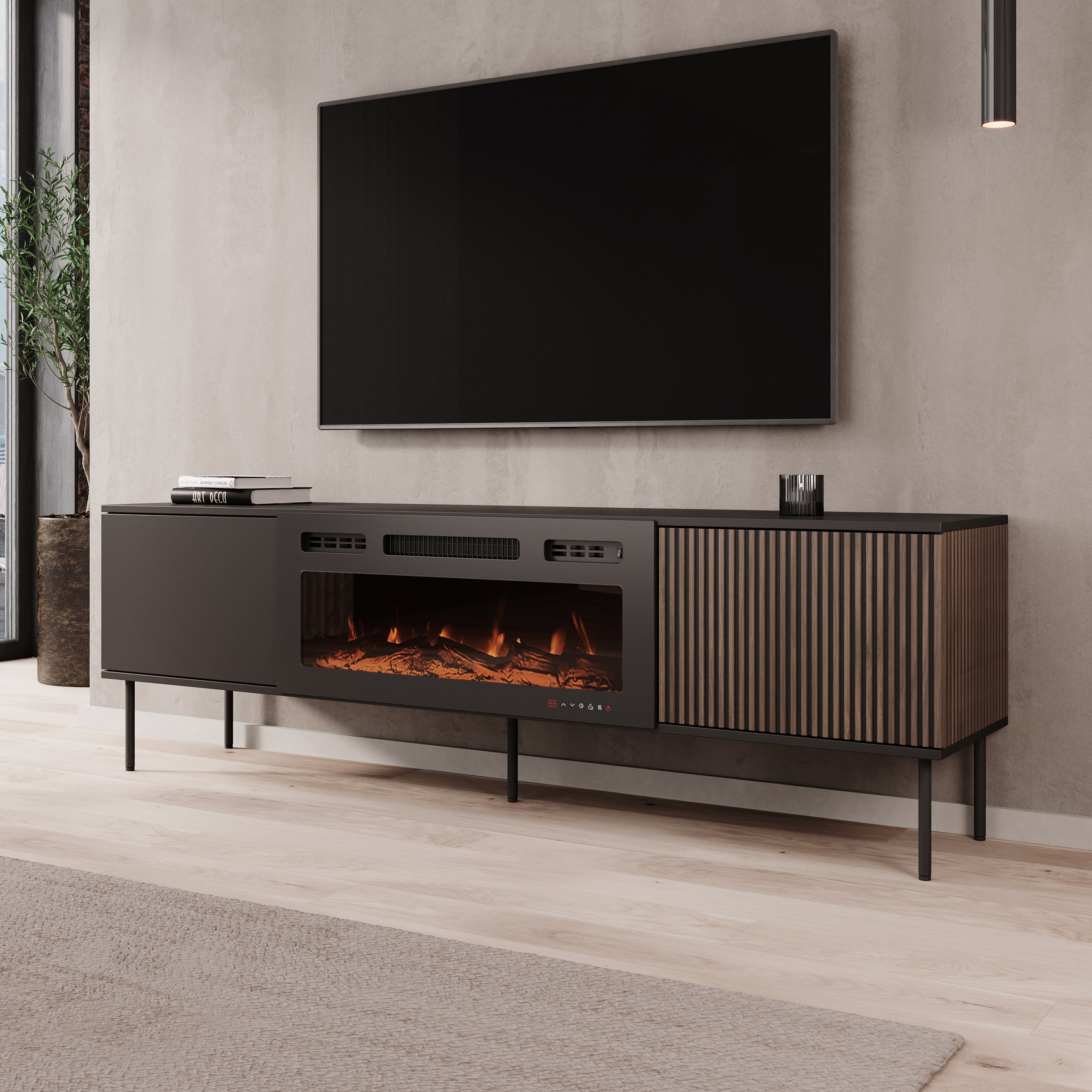 Cavon - TV-meubel met sfeerhaard - Zwart - 182x39x57 cm