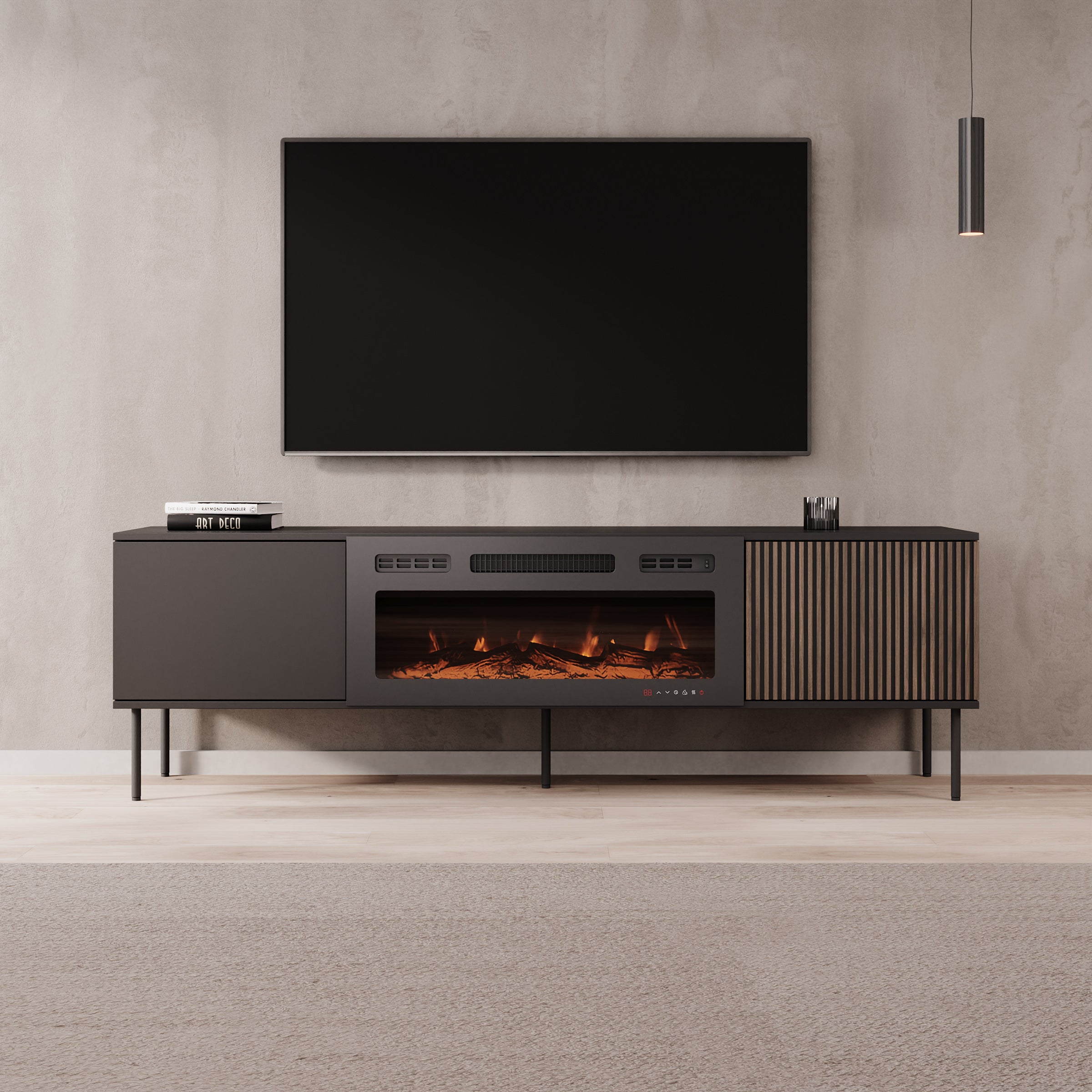 Cavon - TV-meubel met sfeerhaard - Zwart - 182x39x57 cm