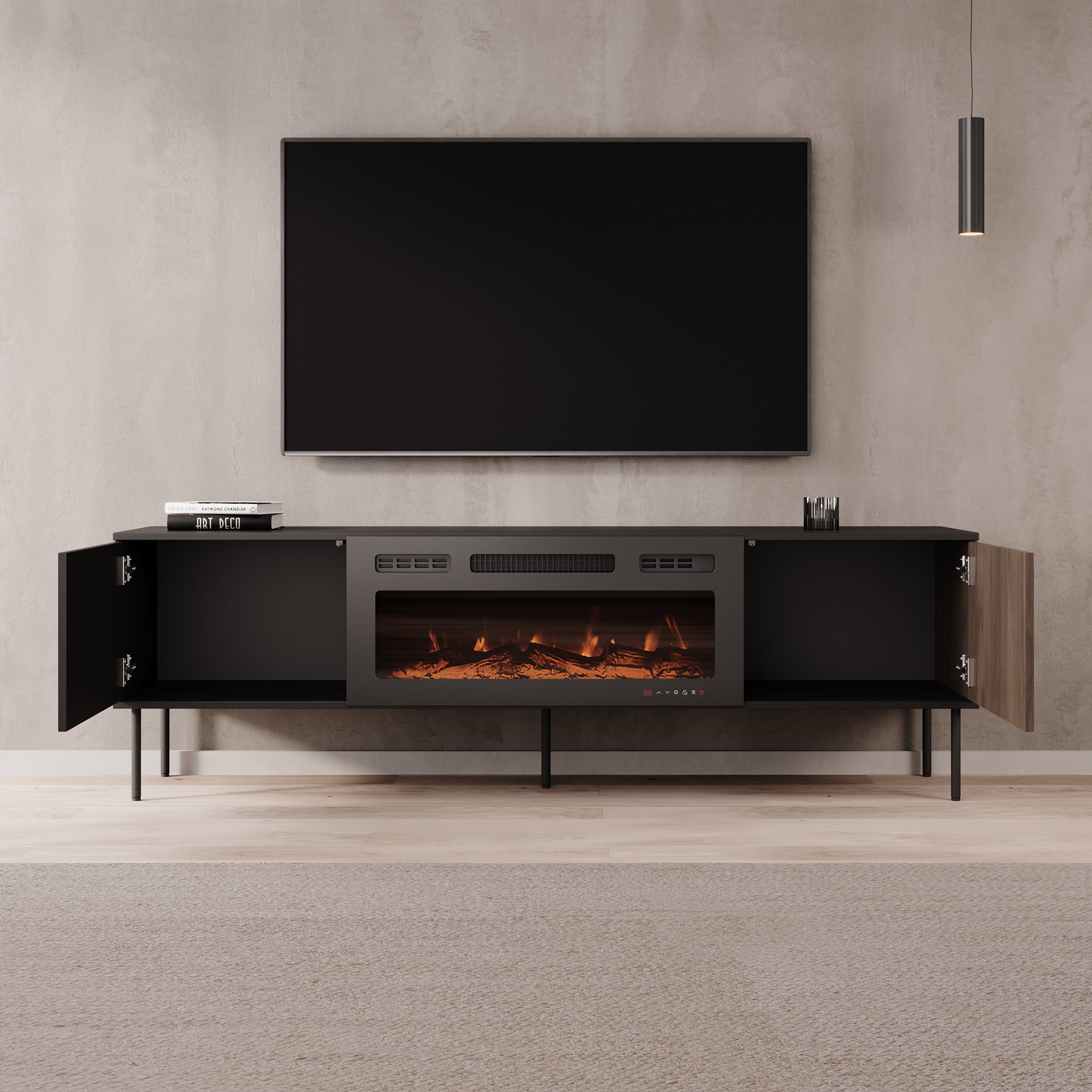 Cavon - TV-meubel met sfeerhaard - Zwart - 182x39x57 cm