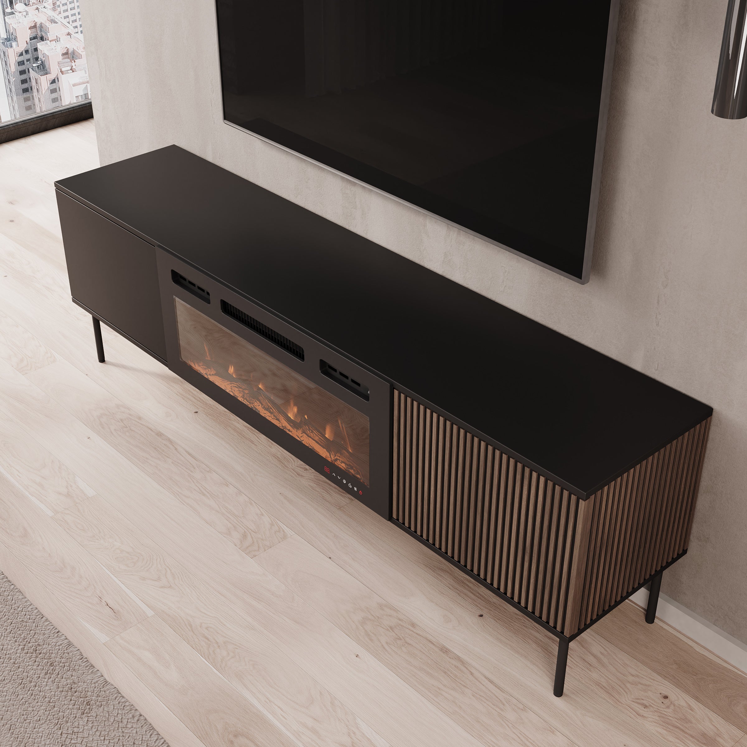 Cavon - TV-meubel met sfeerhaard - Zwart - 182x39x57 cm
