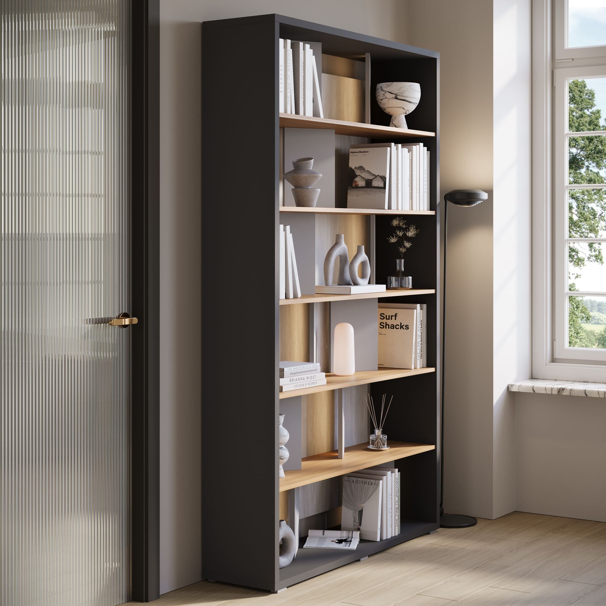 Flamingo - Boekenkast - Eiken/grijs - 125x33x210 cm