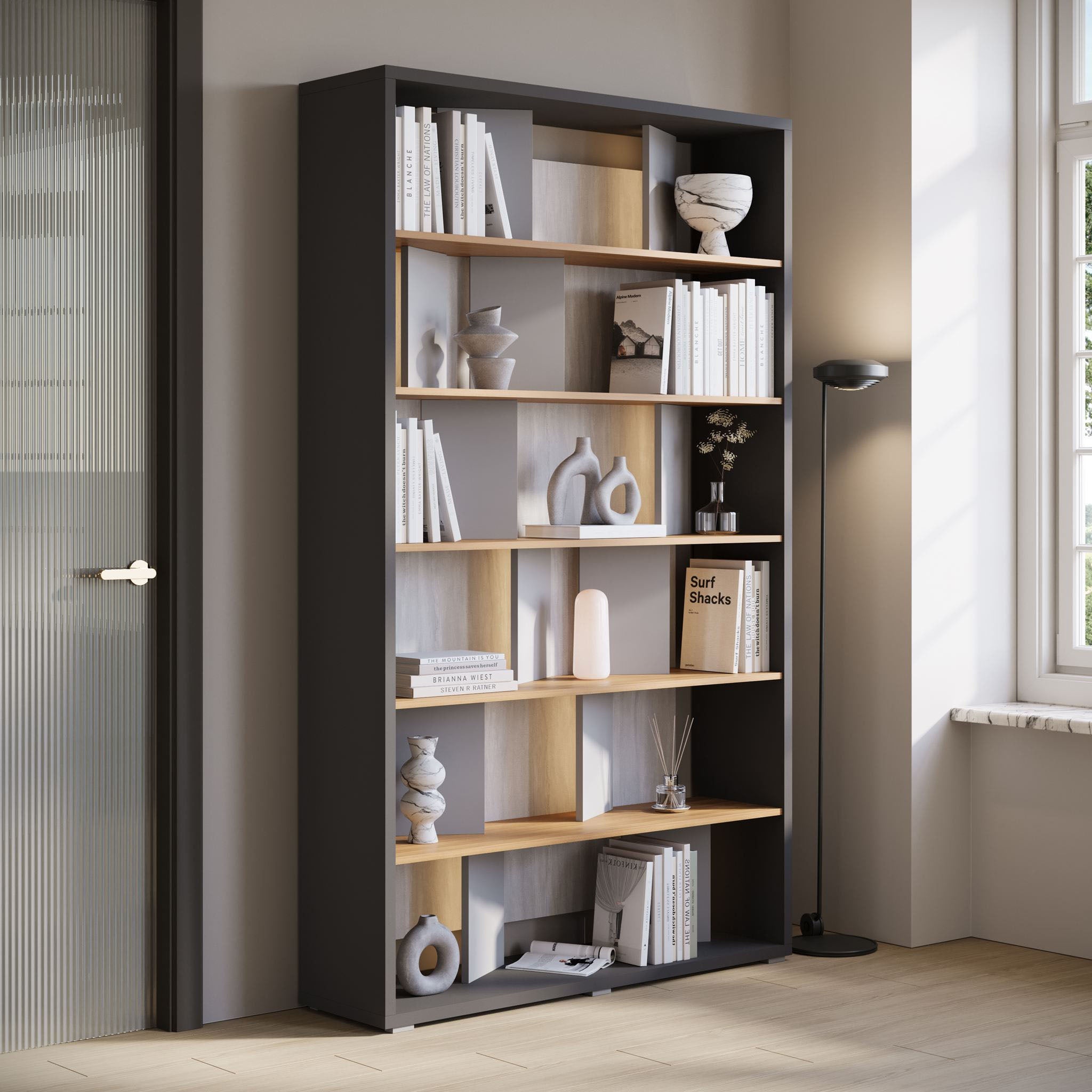 Flamingo - Boekenkast - Eiken/grijs - 125x33x210 cm