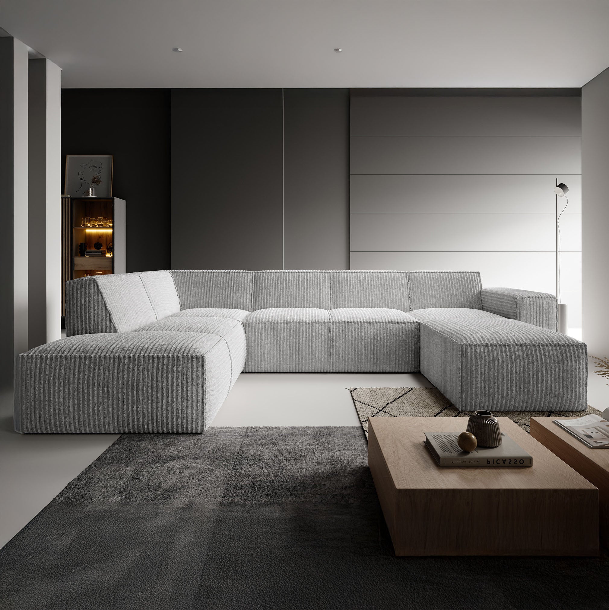 Monet XL - Hoekbank 5-zits met chaise longue - Fluffy ribstof grijs - Rechts