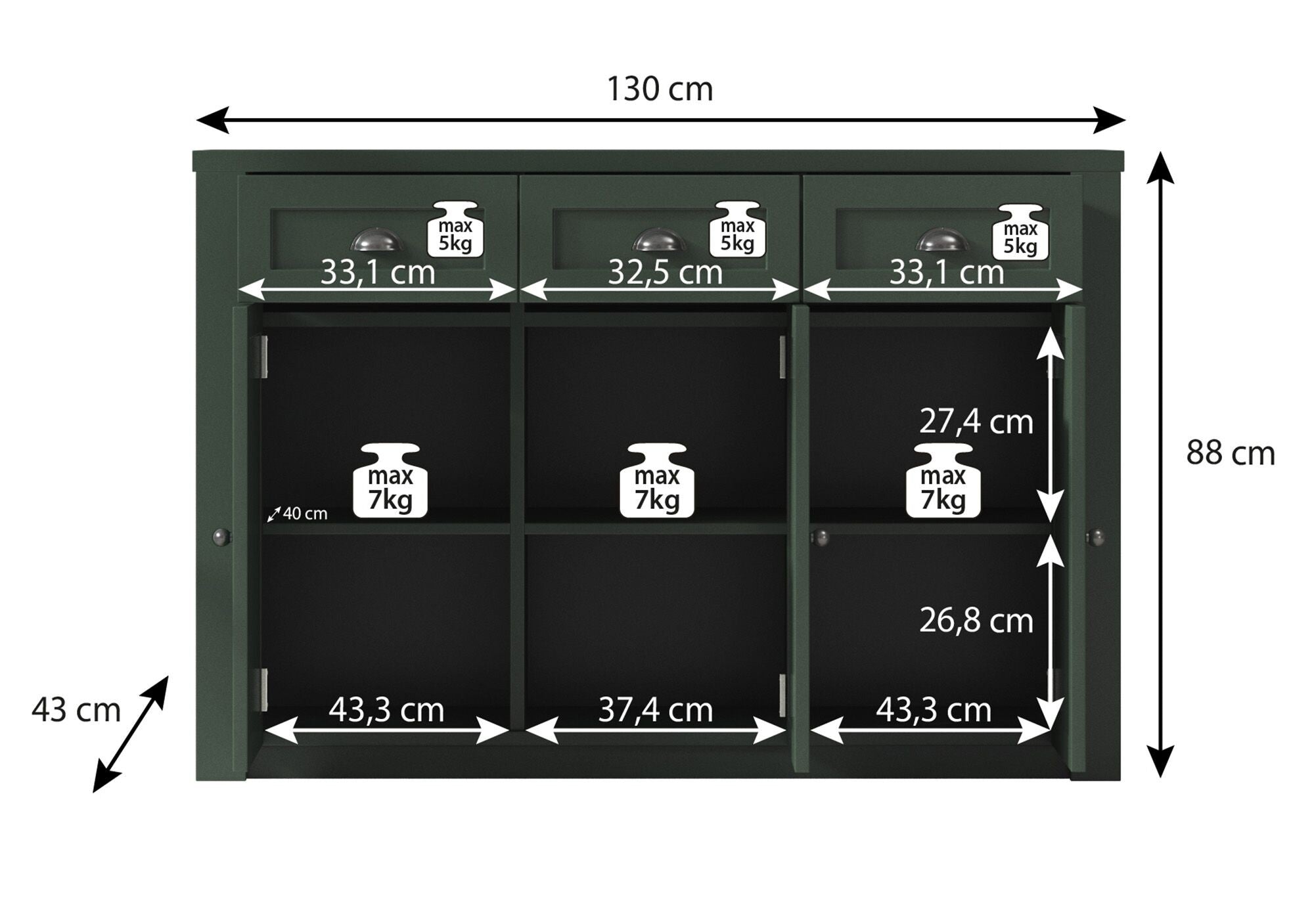 Parello 3 - Dressoir - Groen - 130x43x88 cm