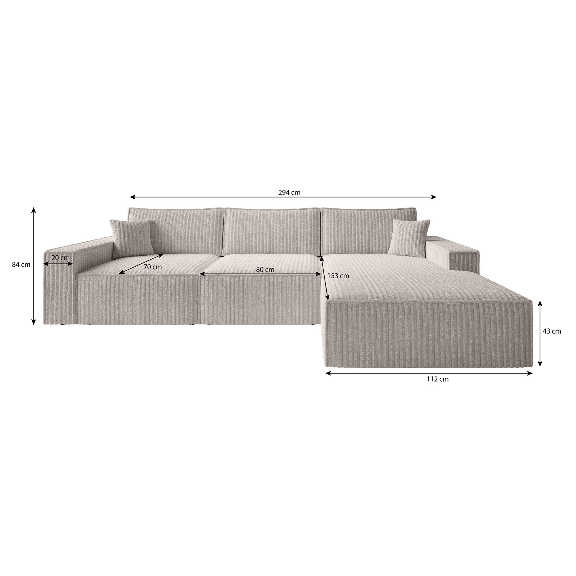 Manolo - Hoekbank 3-zits met chaise longue - Ribstof beige -