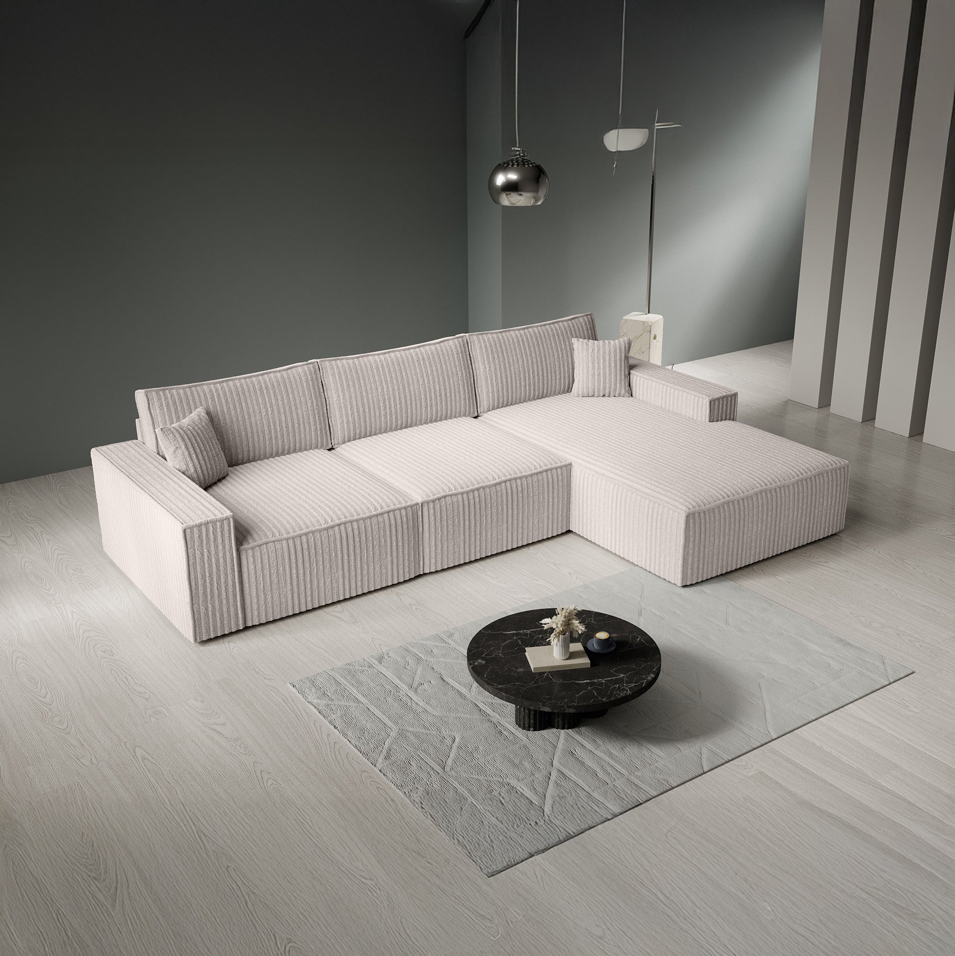 Manolo - Hoekbank 3-zits met chaise longue - Ribstof beige -