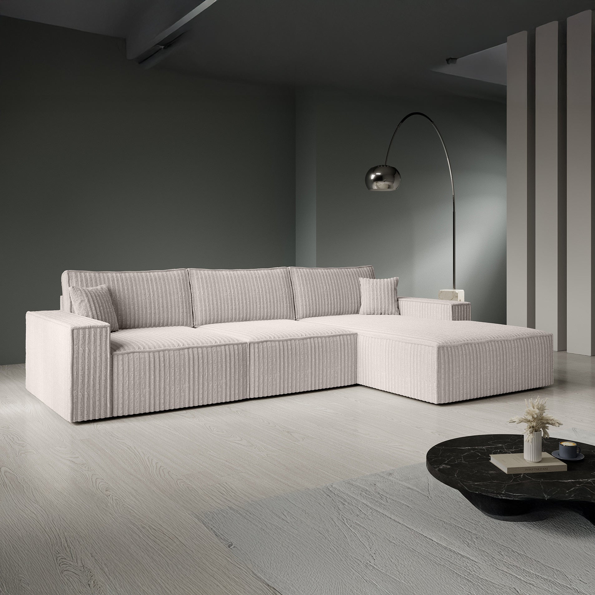 Manolo - Hoekbank 3-zits met chaise longue - Ribstof beige -