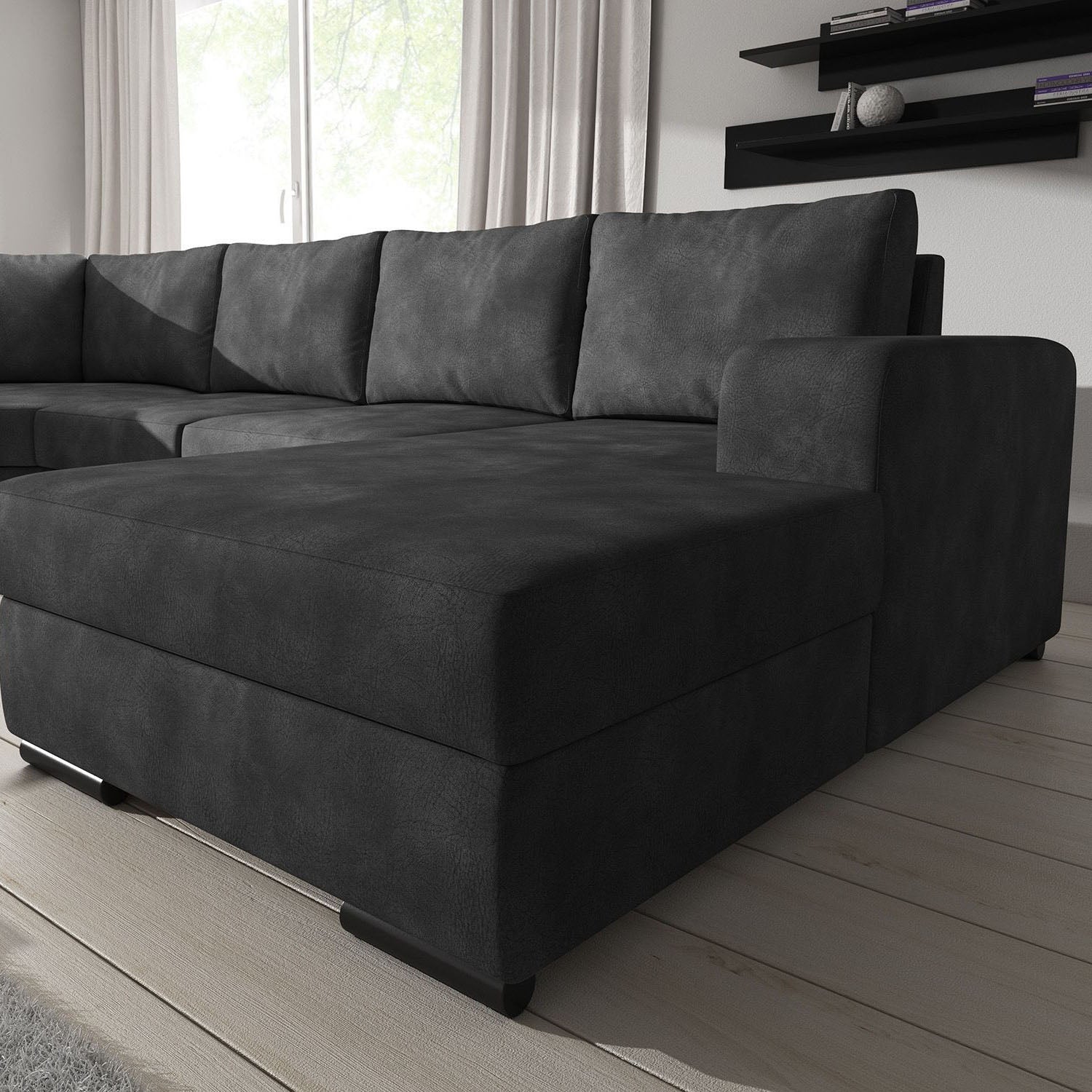 Adel - Hoekbank 5-zits met chaise longue - Kunstleer antraciet - Rechts