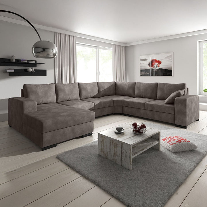 Adel - Hoekbank 5-zits met chaise longue - Kunstleer bruin - Links