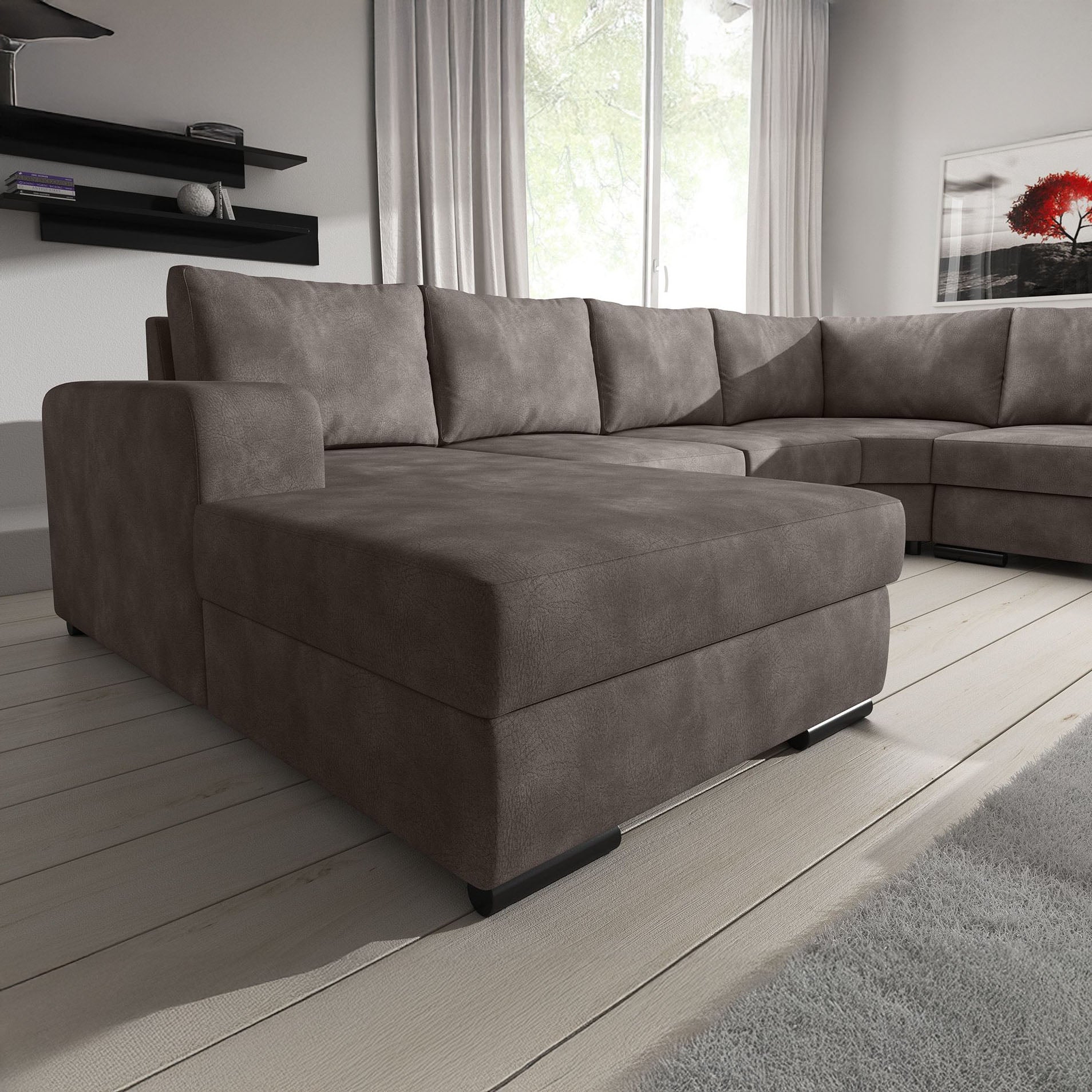 Adel - Hoekbank 5-zits met chaise longue - Kunstleer bruin - Links