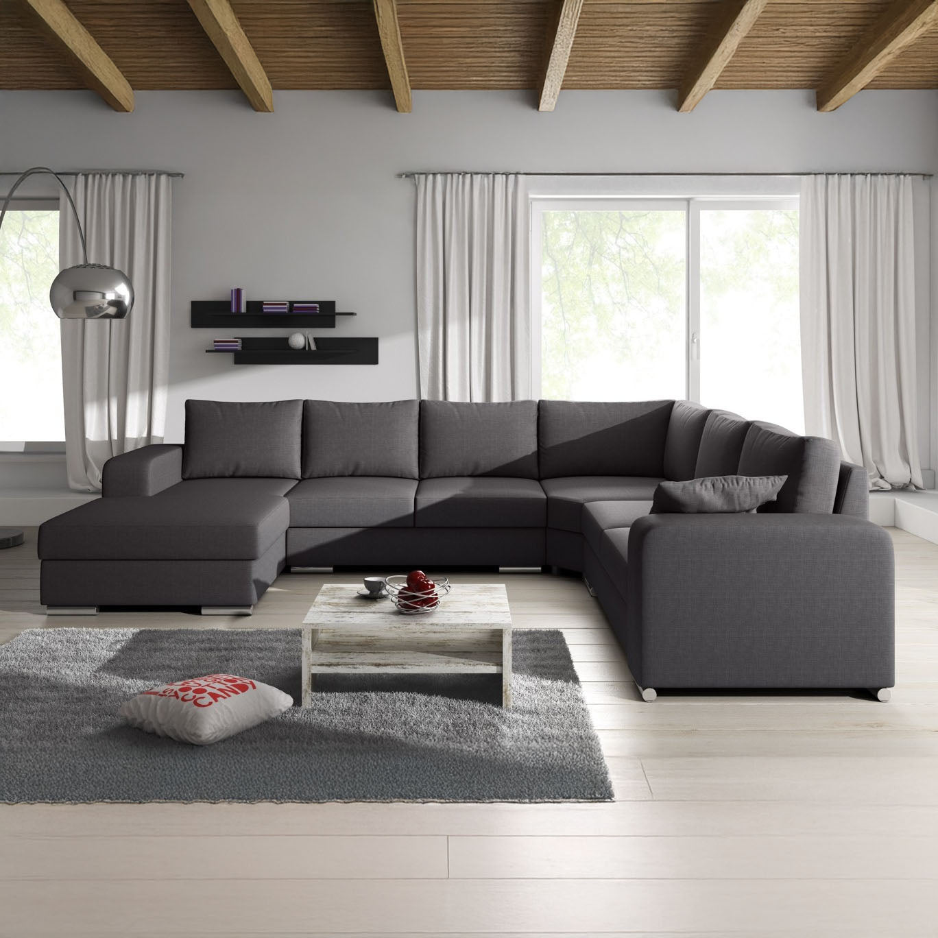 Adel - Hoekbank 5-zits met chaise longue - Stof donkergrijs - Links