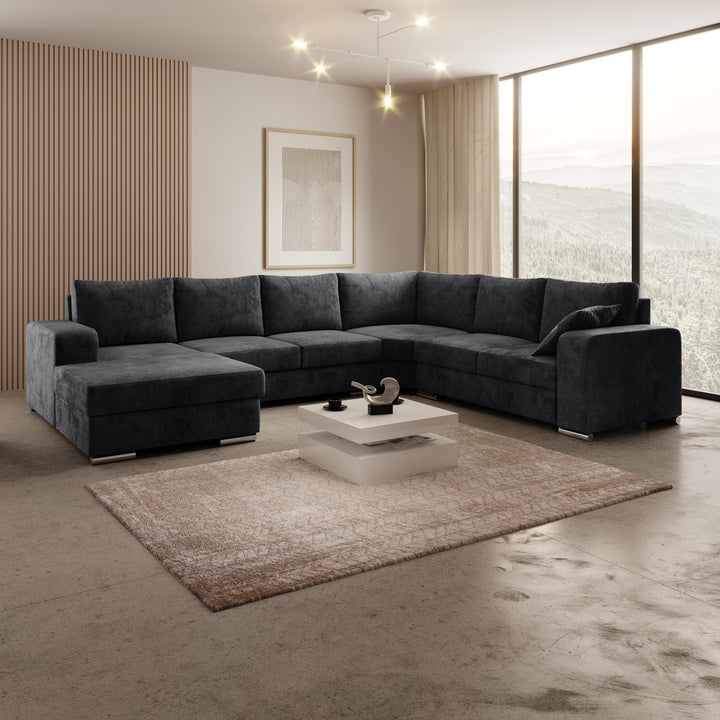 Adel - Hoekbank 5-zits met chaise longue - Velvet zwart - Links