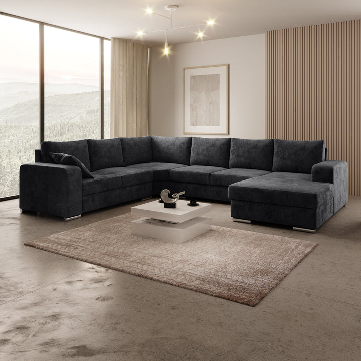Adel - Hoekbank 5-zits met chaise longue - Velvet zwart - Rechts