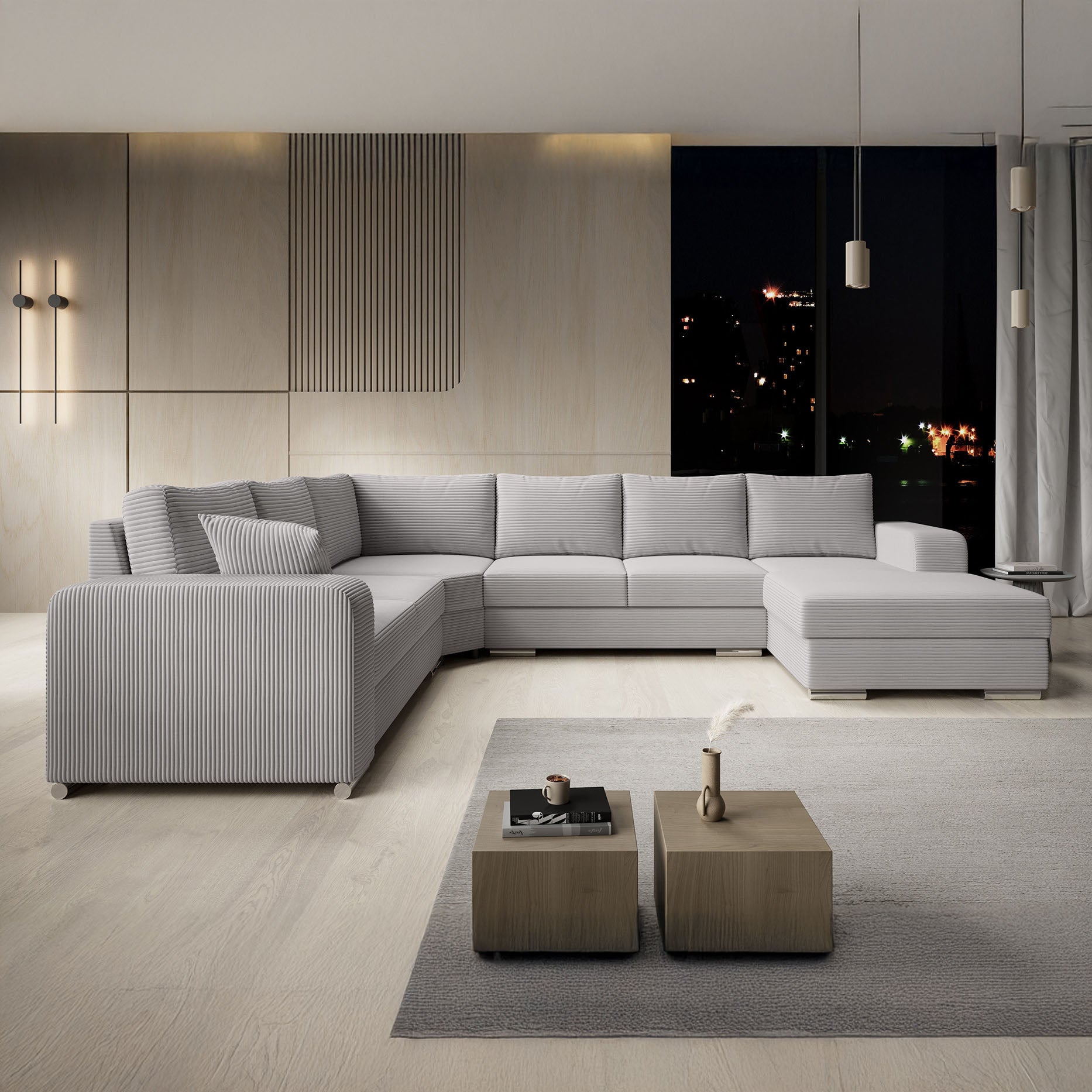 Adel - Hoekbank 5-zits met chaise longue - Ribstof grijs - Rechts