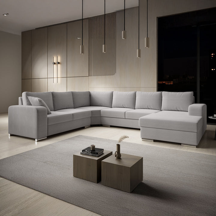 Adel - Hoekbank 5-zits met chaise longue - Ribstof grijs - Rechts