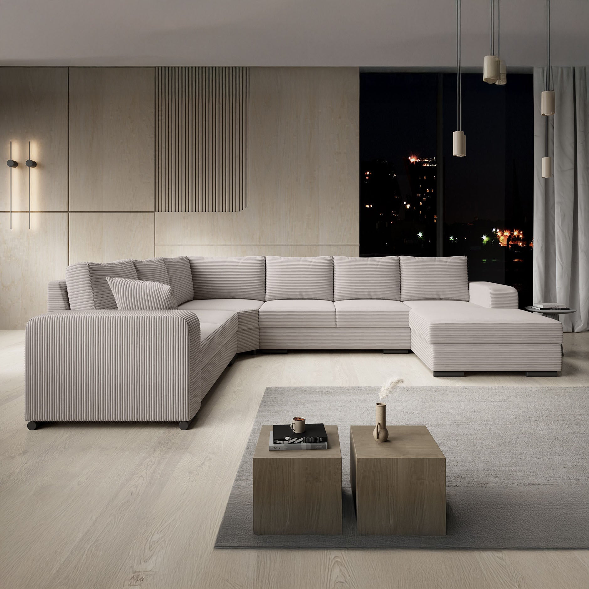 Adel - Hoekbank 5-zits met chaise longue - Ribstof beige - Rechts