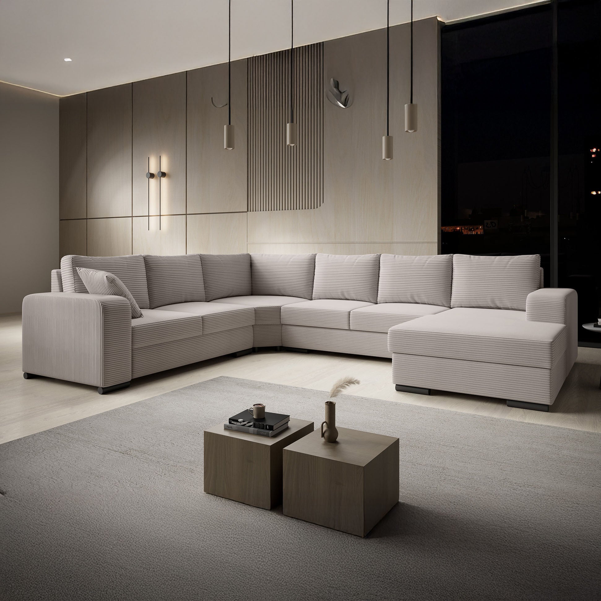 Adel - Hoekbank 5-zits met chaise longue - Ribstof beige - Rechts