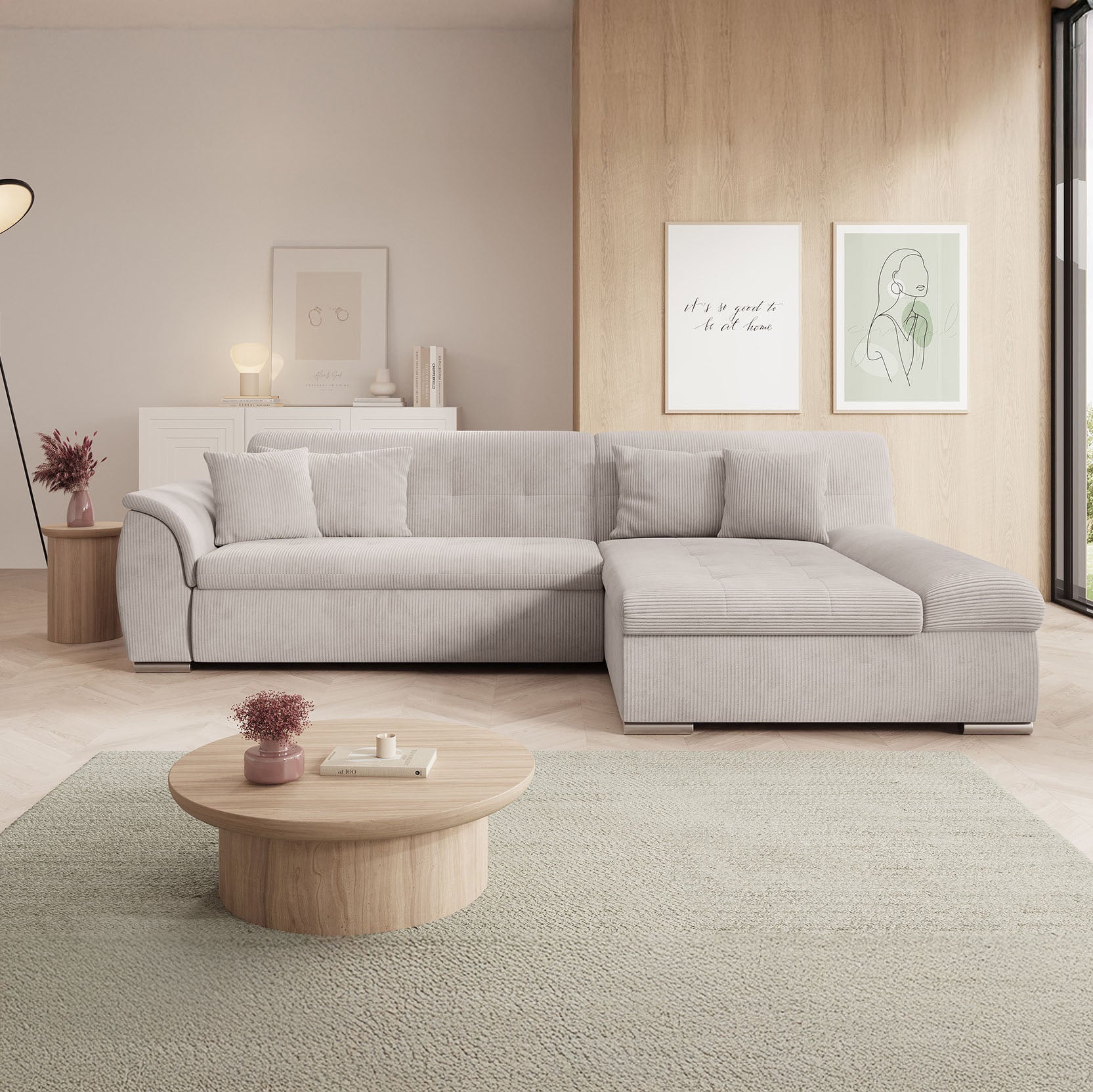 Alberta - Hoekbank 3-zits met chaise longue - Ribstof beige - Rechts
