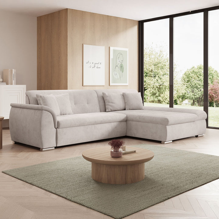 Alberta - Hoekbank 3-zits met chaise longue - Ribstof beige - Rechts