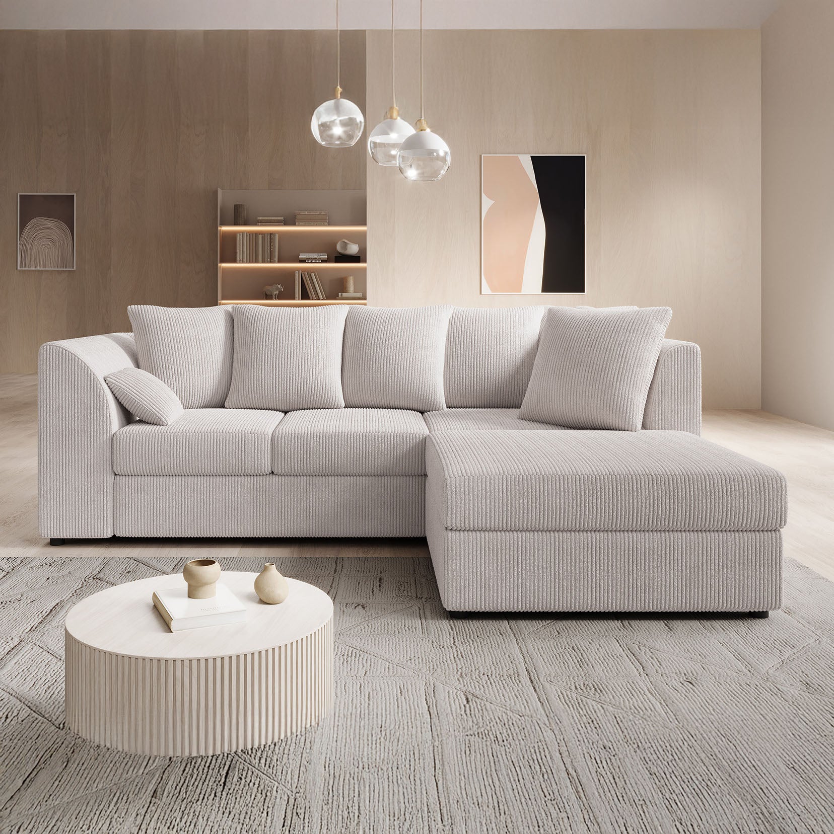 Alfort - Hoekbank 3-zits met chaise longue - Ribstof beige - Rechts