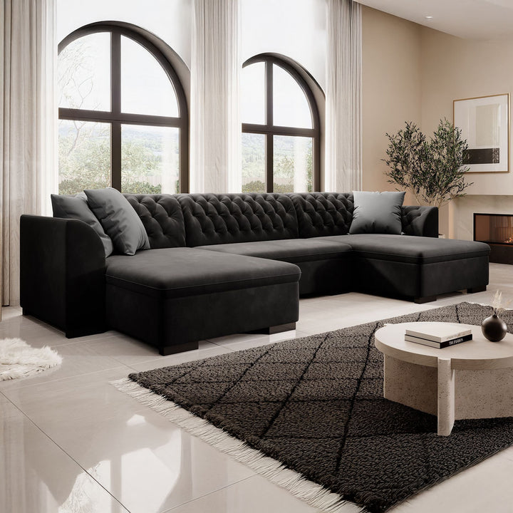 Cancun - Hoekbank 4-zits met chaise longue - Velvet zwart - Universeel