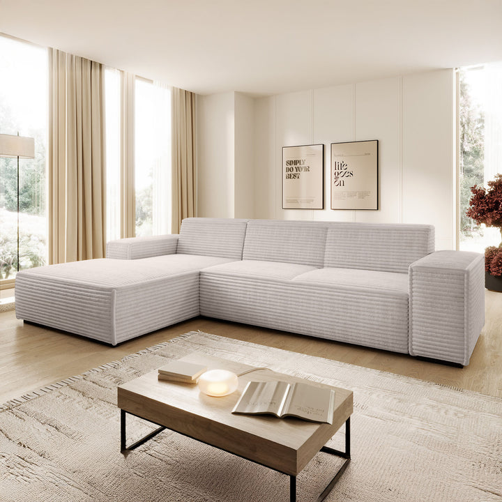 Cardiff - Hoekbank 3-zits met chaise longue - Fluffy ribstof beige - Links
