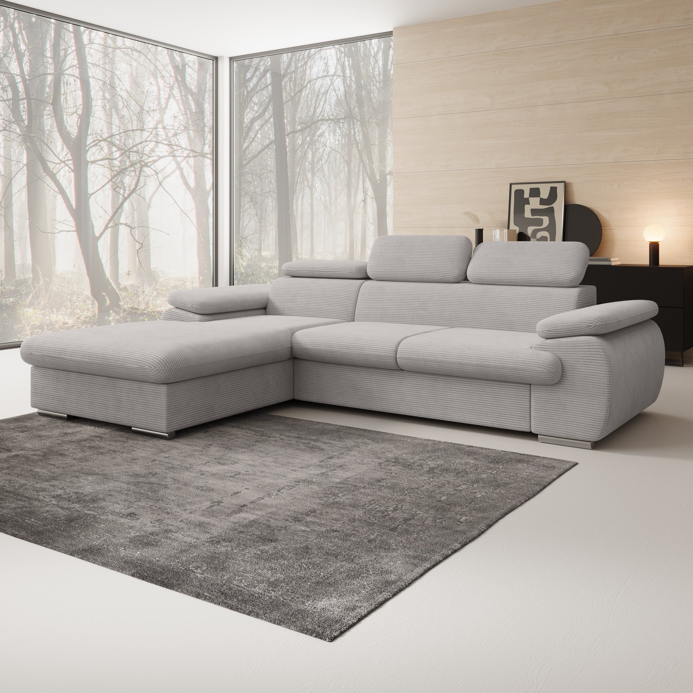 Cordoba - Hoekbank 3-zits met chaise longue - Ribstof grijs - Links