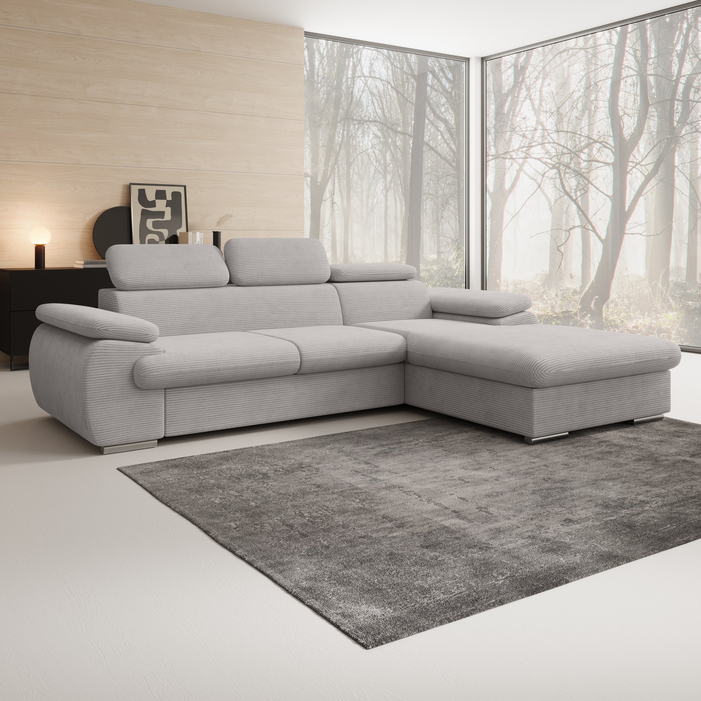 Cordoba - Hoekbank 3-zits met chaise longue - Ribstof grijs - Rechts