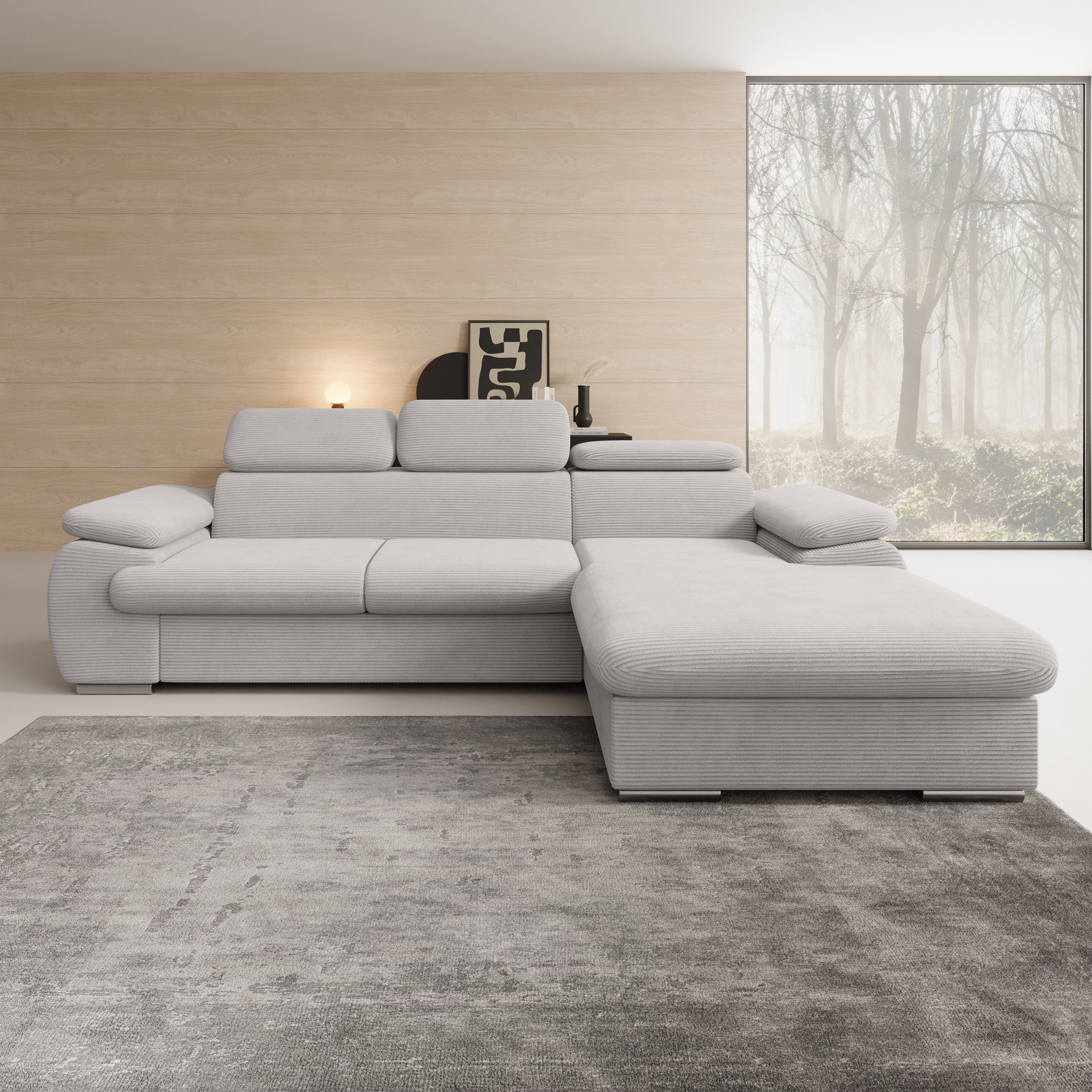 Cordoba - Hoekbank 3-zits met chaise longue - Ribstof grijs - Rechts