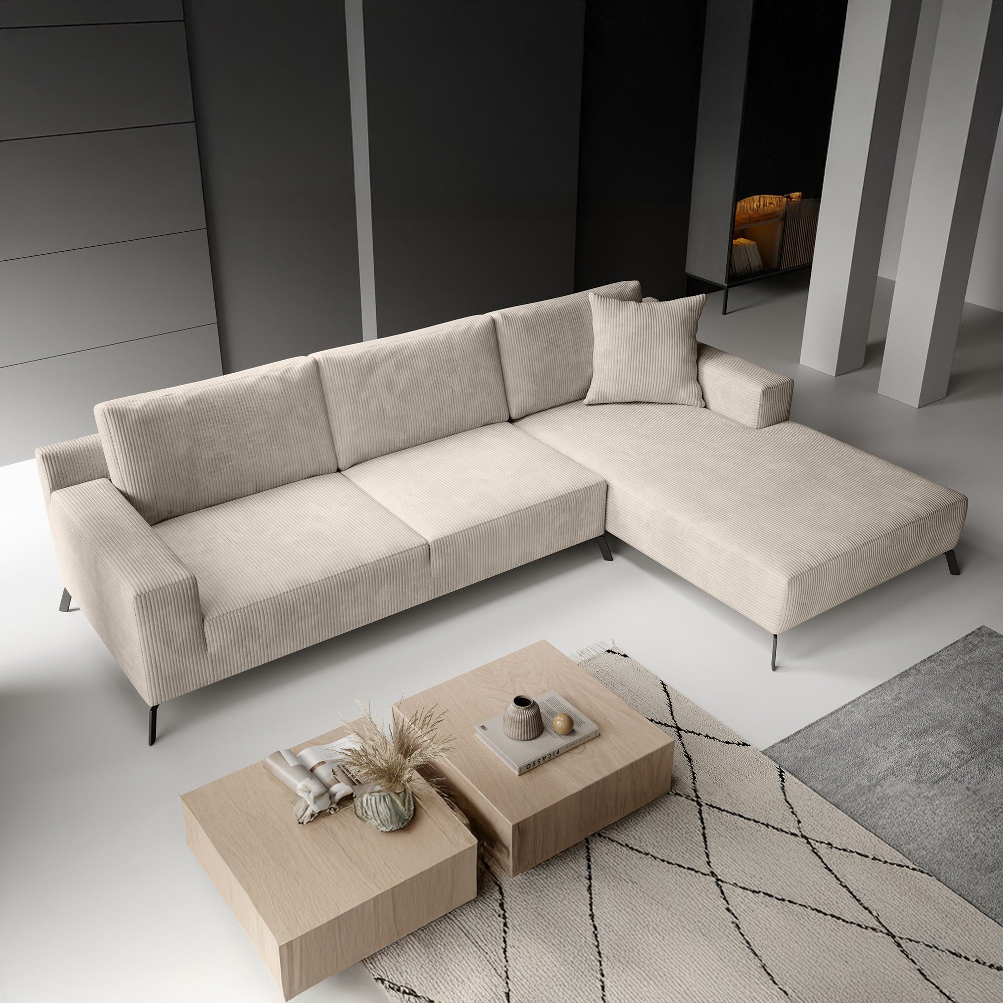 Florencio - Hoekbank 3-zits met CL - Ribstof beige - Rechts