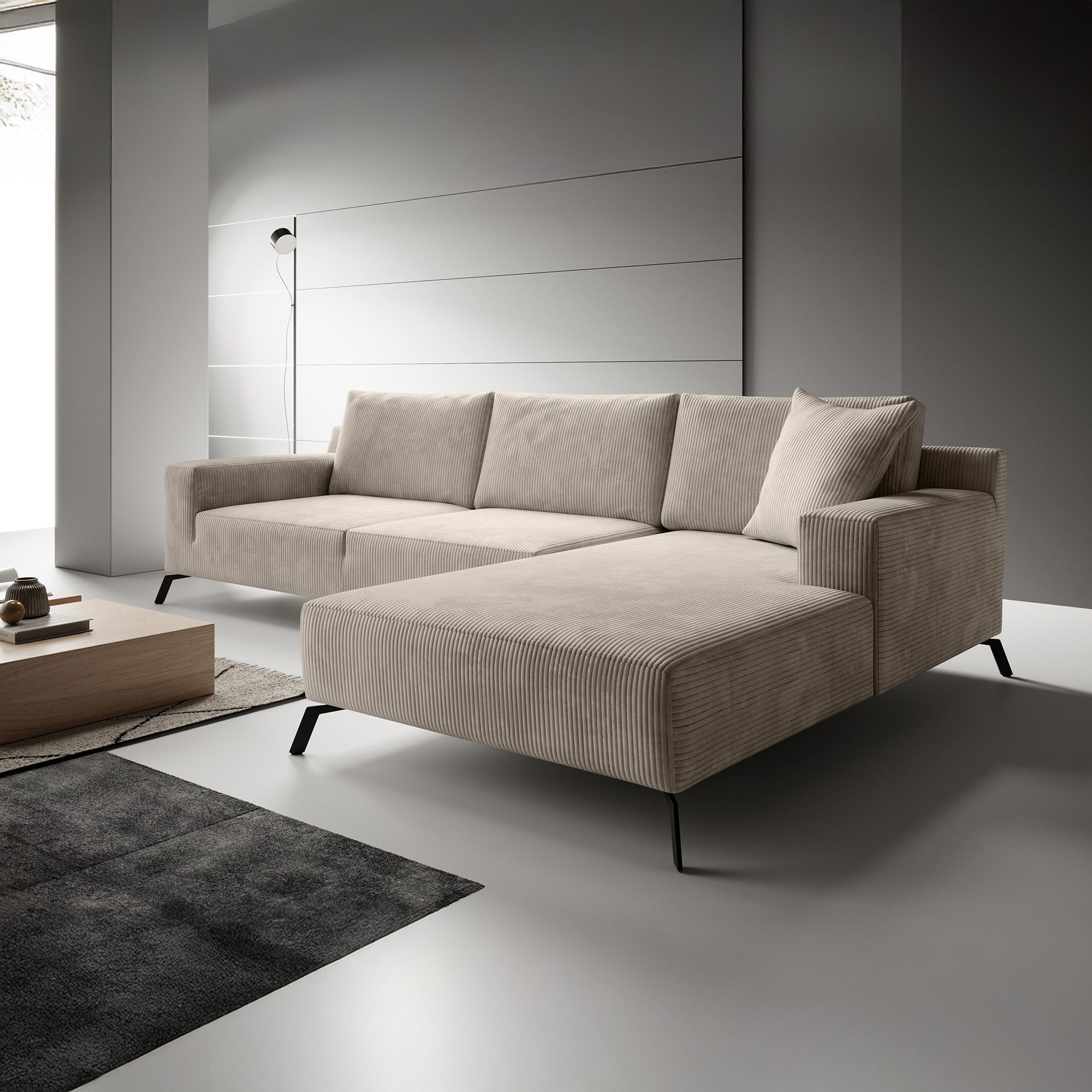 Florencio - Hoekbank 3-zits met CL - Ribstof beige - Rechts