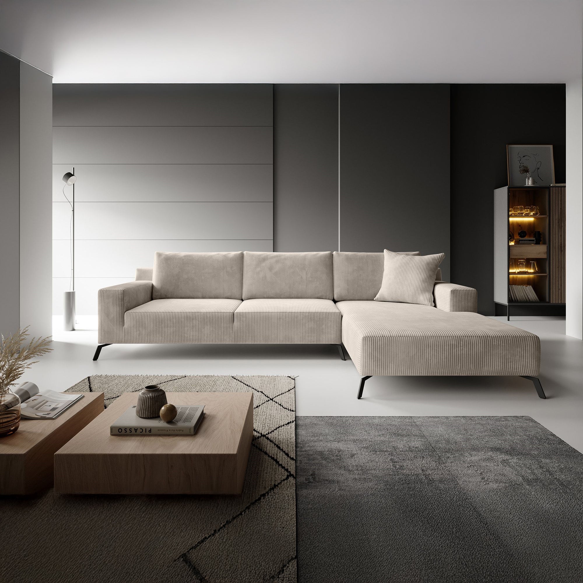 Florencio - Hoekbank 3-zits met CL - Ribstof beige - Rechts