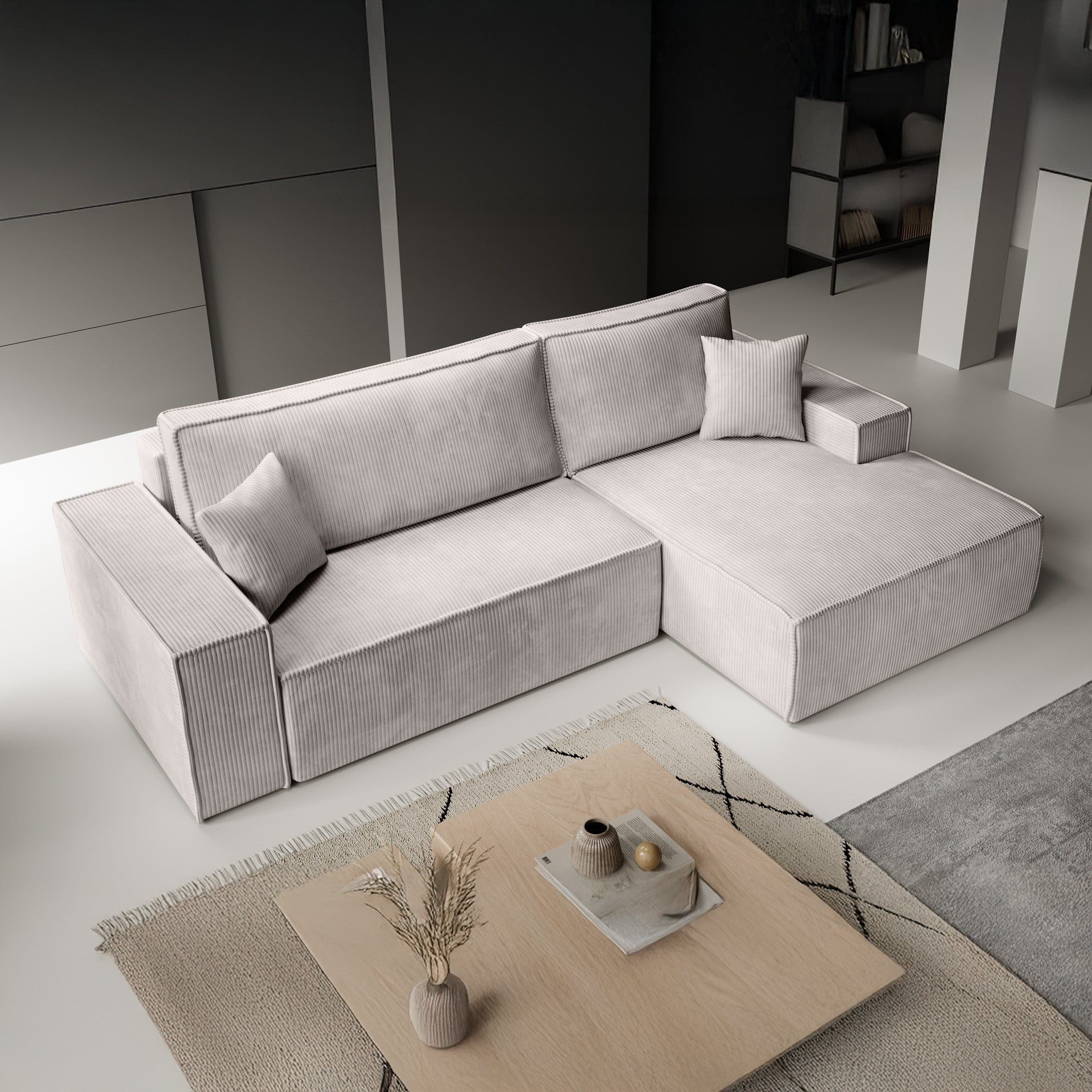 Kandahar - Hoekbank 3-zits met chaise longue - Ribstof beige - Universeel