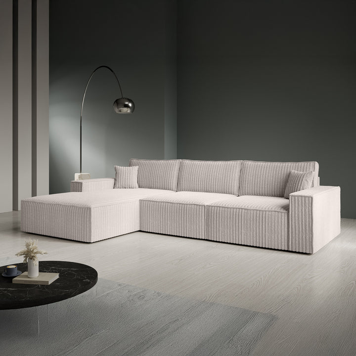 Manolo - Hoekbank 3-zits met chaise longue - Ribstof beige - Links