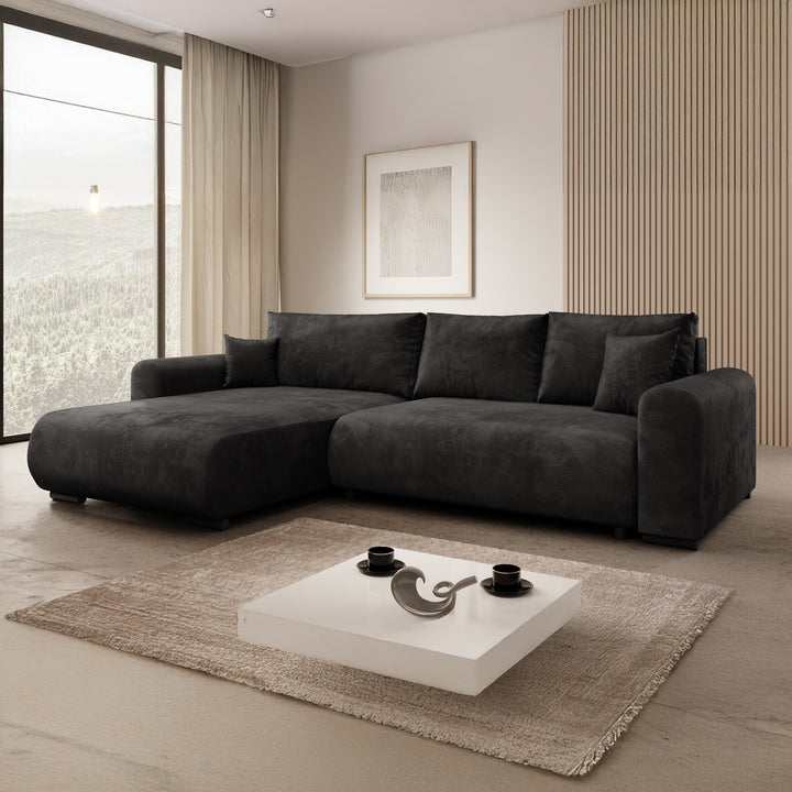 Mindin - Hoekbank 3-zits met chaise longue - Velvet zwart - Universeel