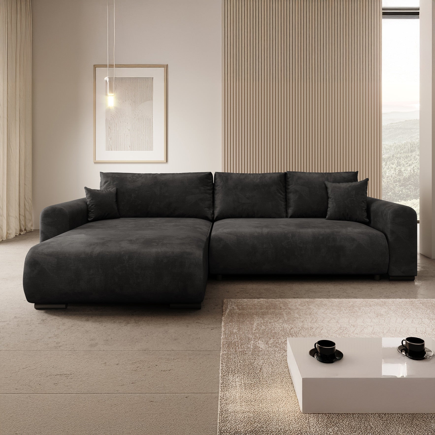 Mindin - Hoekbank 3-zits met chaise longue - Velvet zwart - Universeel