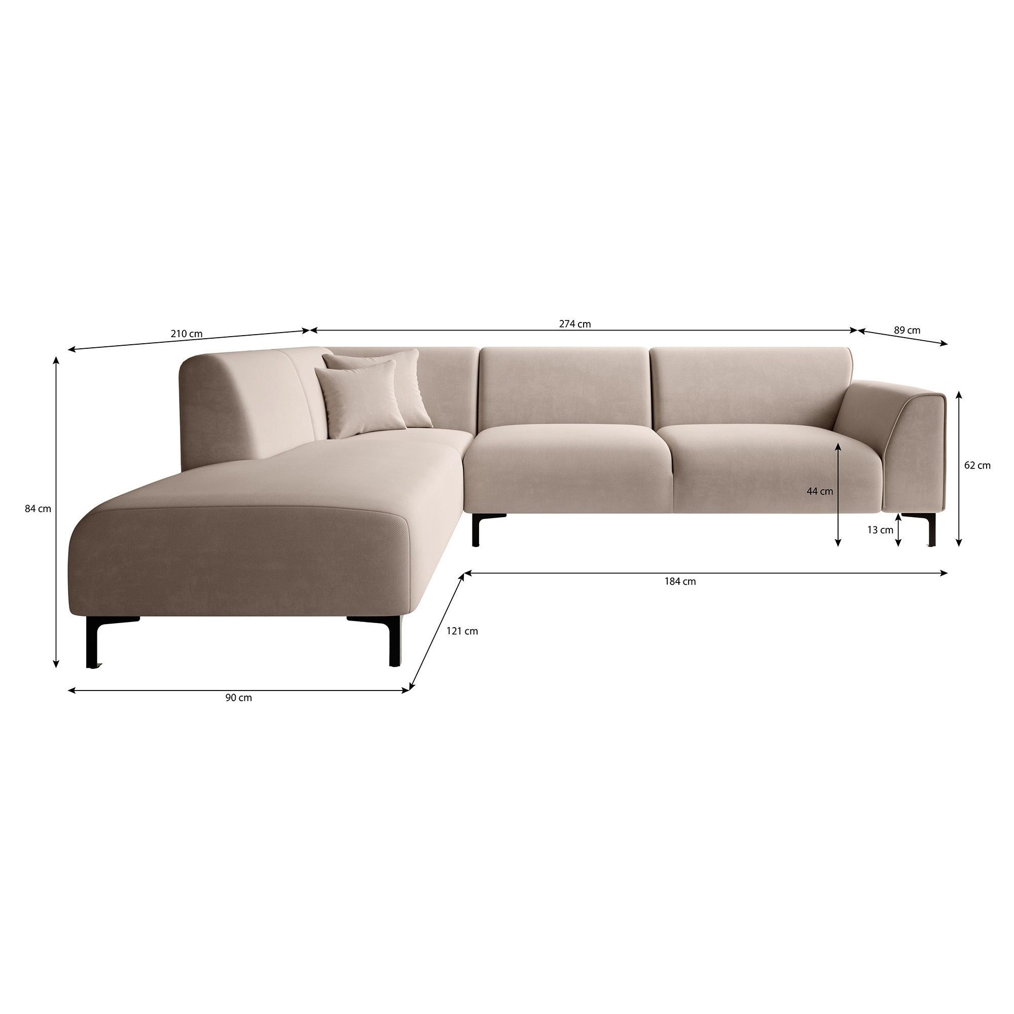 Moana - Hoekbank 4-zits met chaise longue - Stof grijs - Links