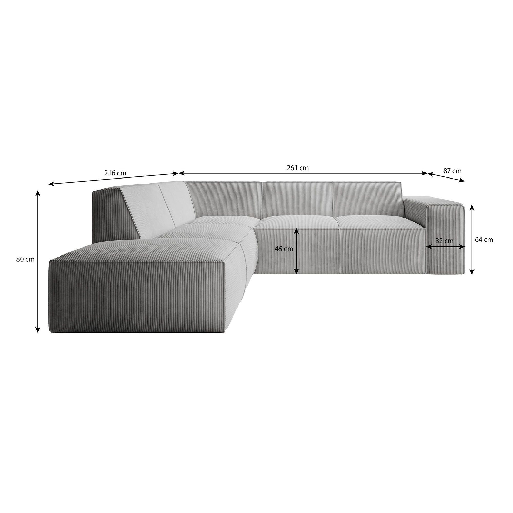 Monet - Hoekbank 4-zits met chaise longue - Ribstof grijs - Links