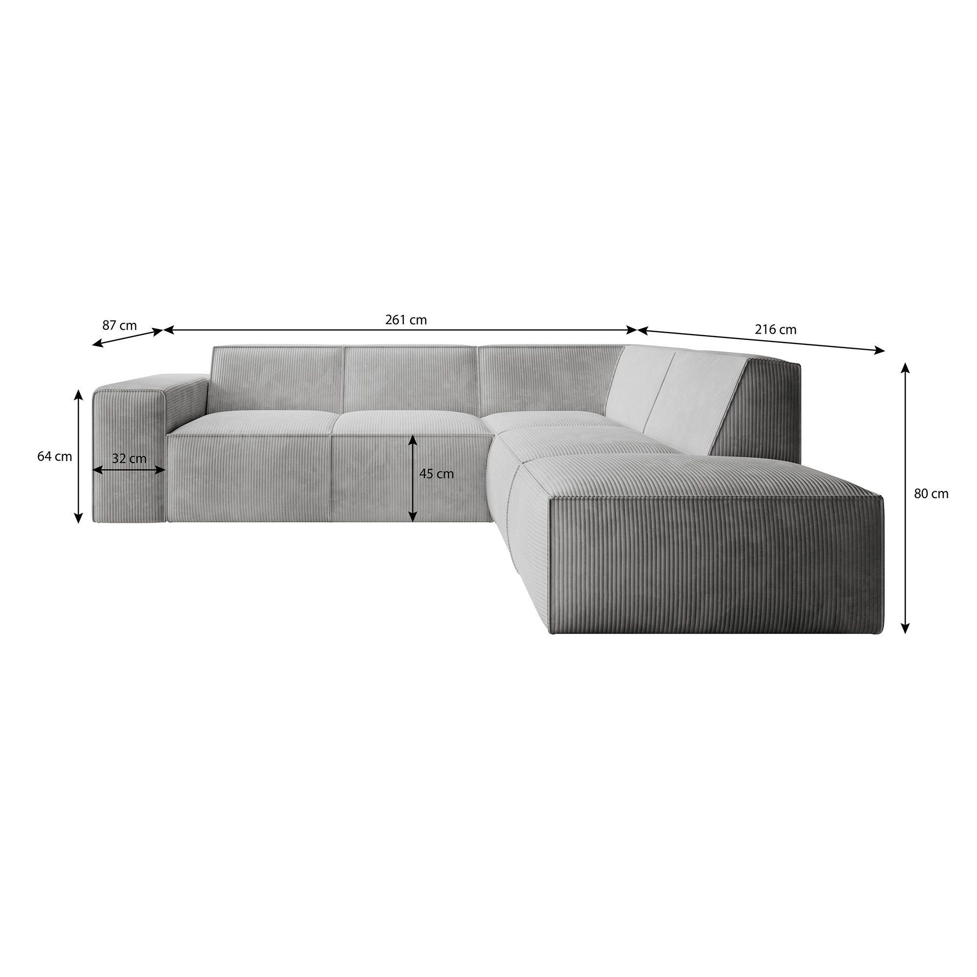 Monet - Hoekbank 4-zits met chaise longue - Ribstof grijs - Rechts