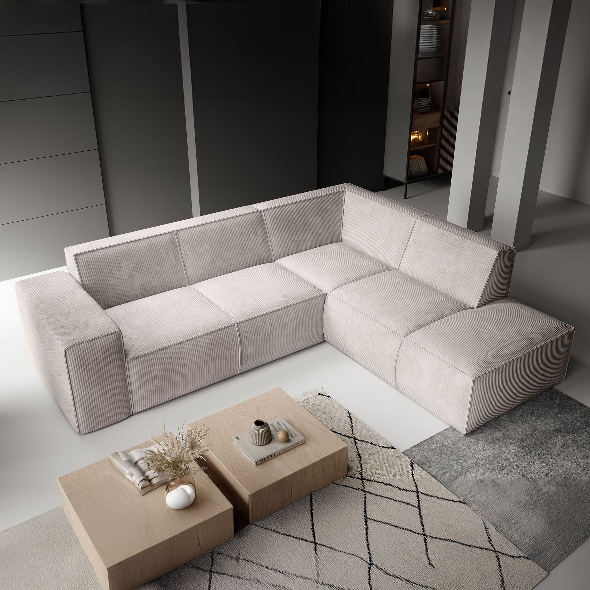 Monet - Hoekbank 4-zits met chaise longue - Ribstof beige - Rechts