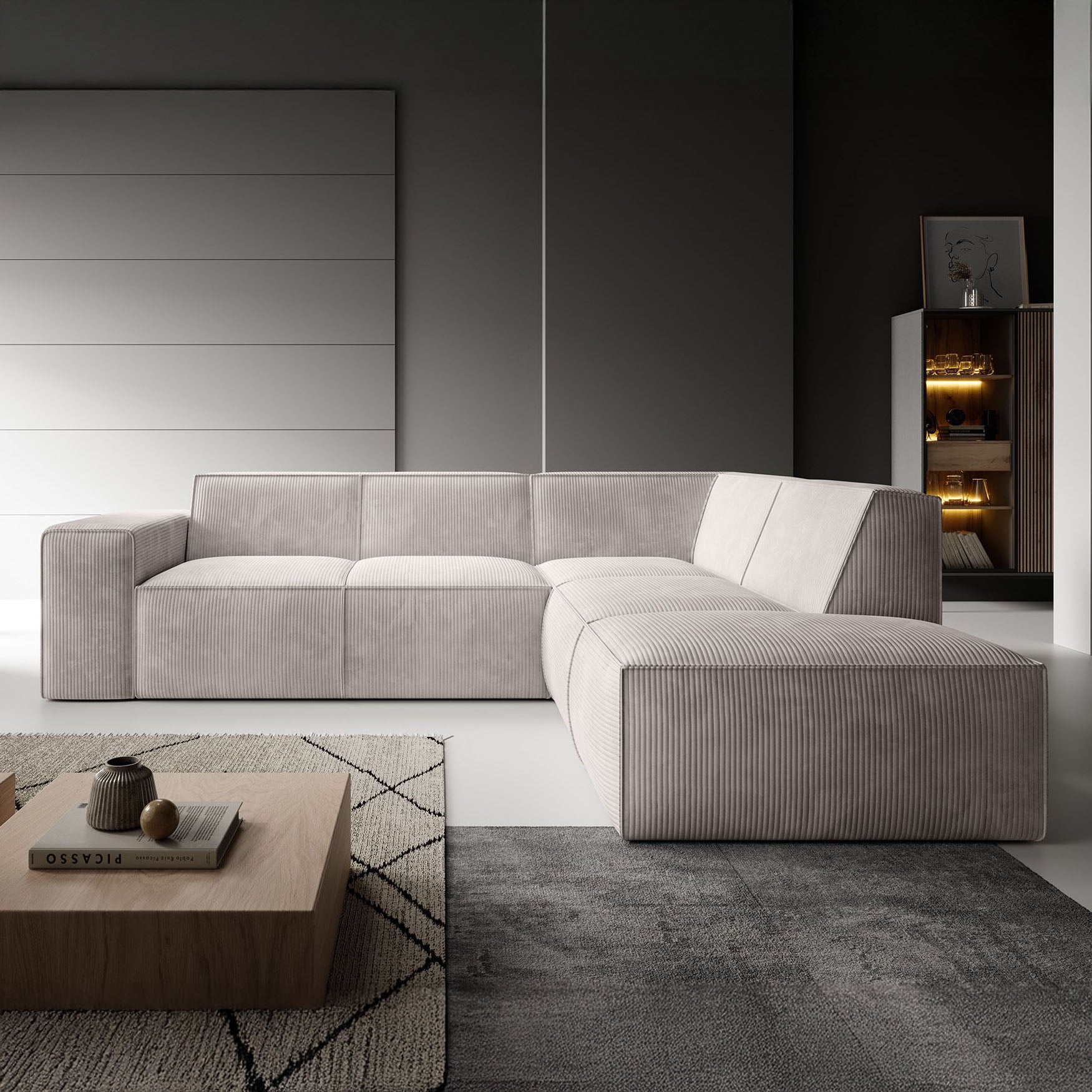 Monet - Hoekbank 4-zits met chaise longue - Ribstof beige - Rechts