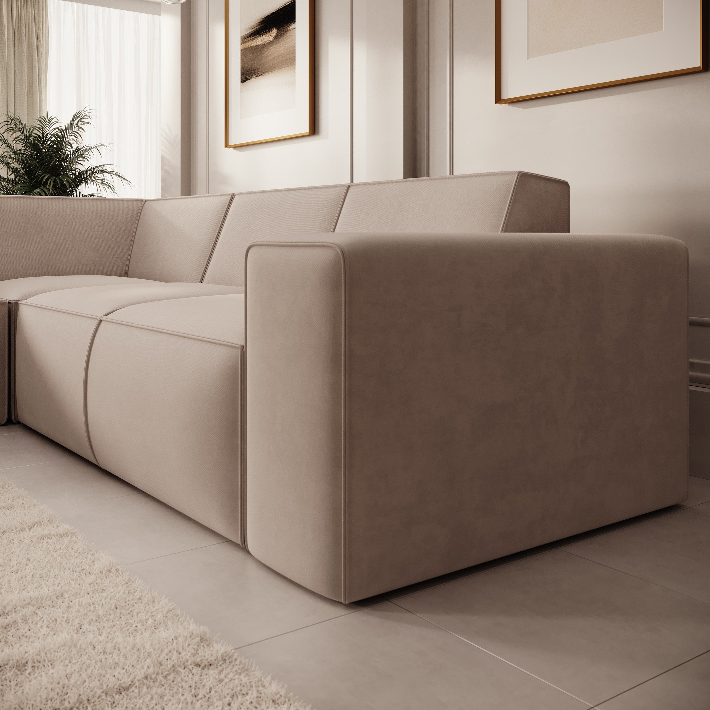 Monet - Hoekbank 4-zits met chaise longue - Stof beige - Links