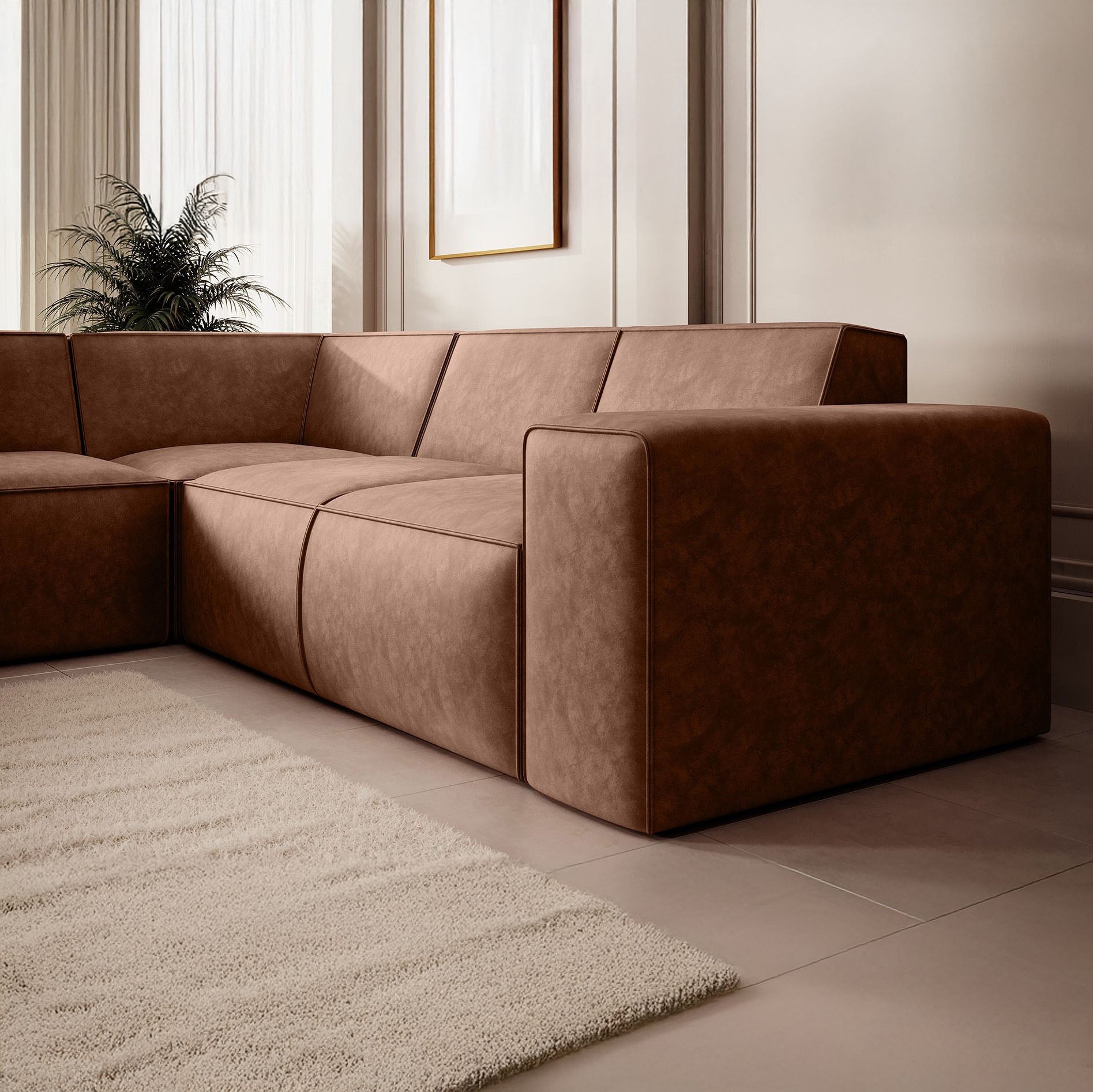Monet - Hoekbank 4-zits met chaise longue - Kunstleer cognac - Links