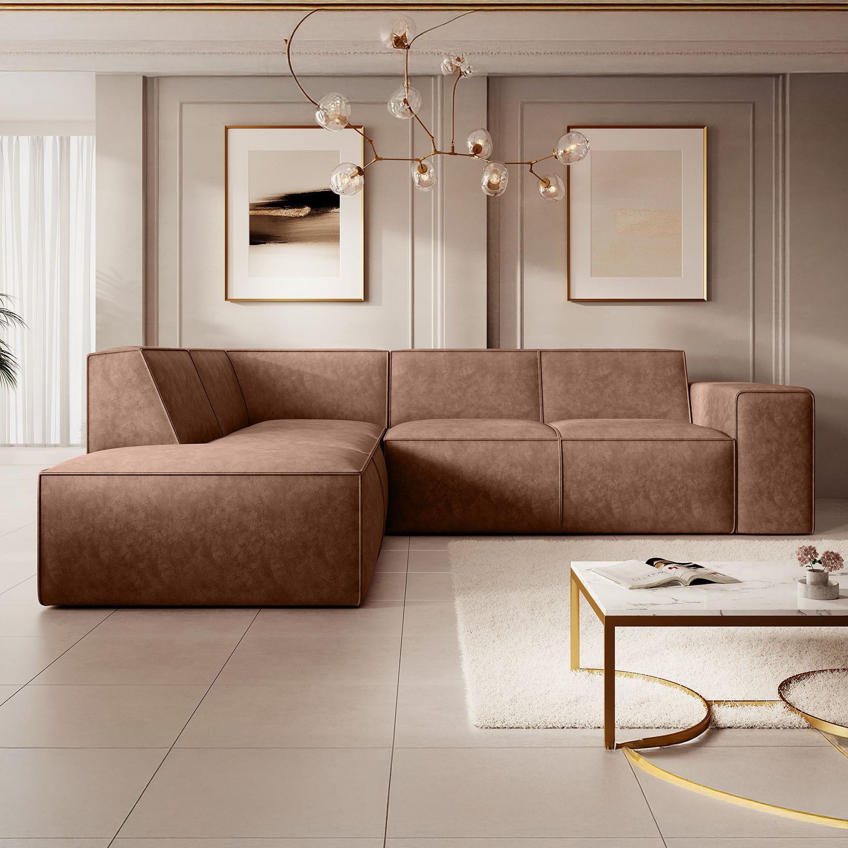 Monet - Hoekbank 4-zits met chaise longue - Kunstleer cognac - Links